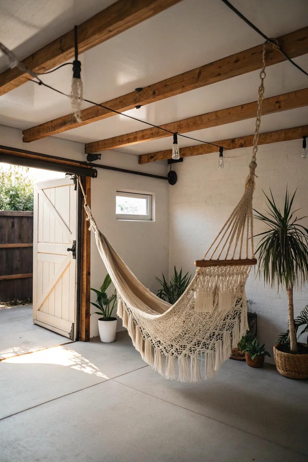 Find your hidden retreat: Transform garage rafters into a peaceful hammock haven.