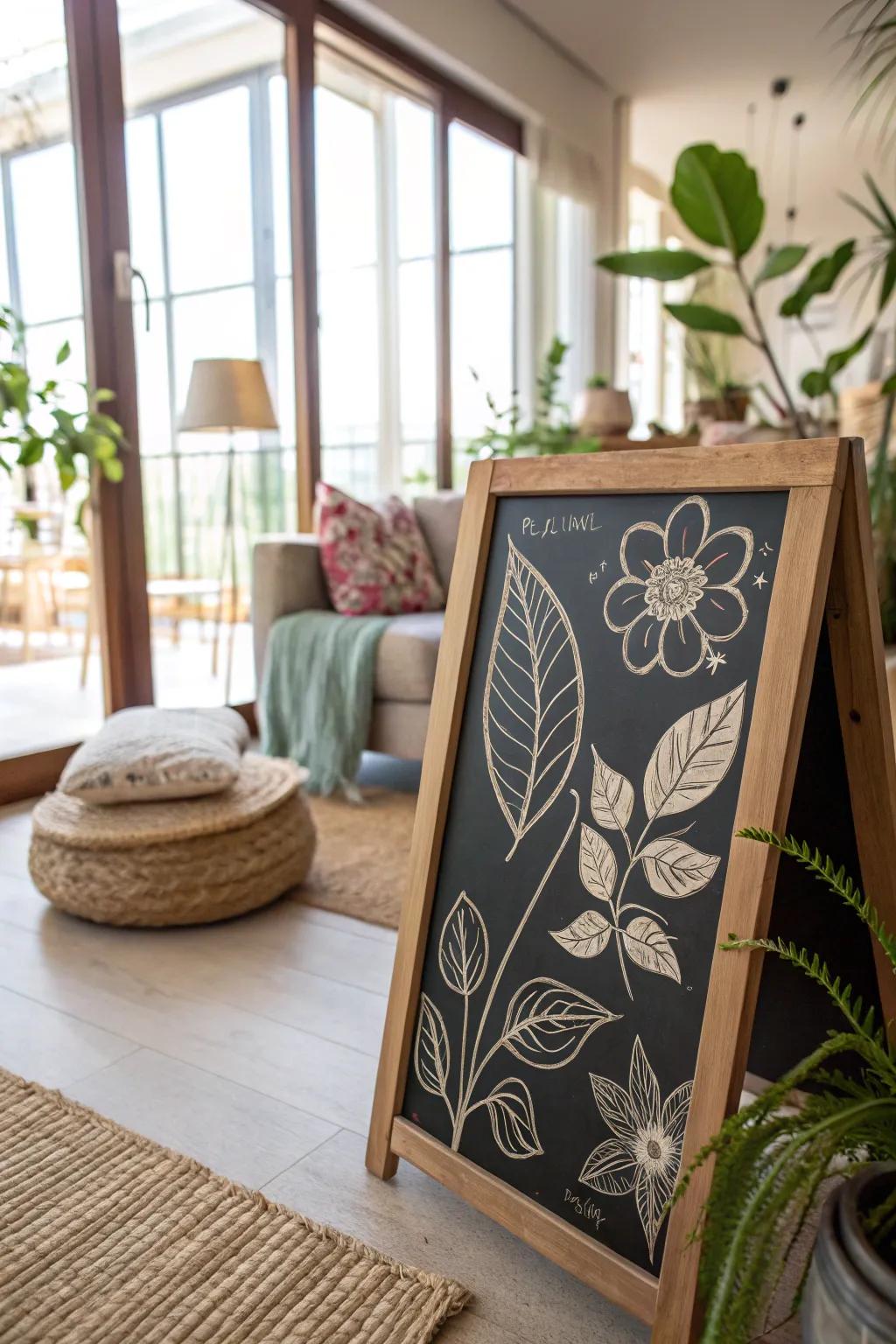 Nature-inspired elements adding charm to the chalkboard.