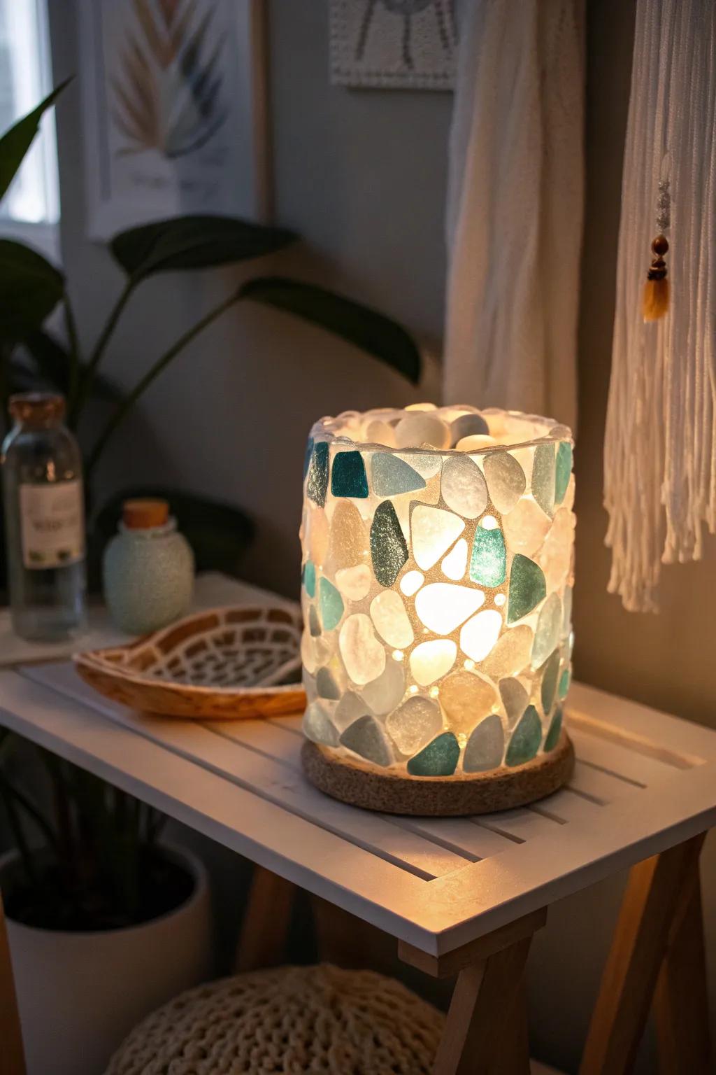 Capture the ocean's magic with a handcrafted beach glass lantern, perfect for adding a serene glow to any minimalist space.