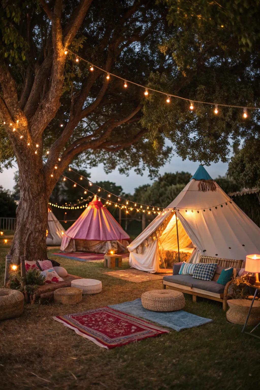 Enjoy the great outdoors in style with a backyard glamping experience.