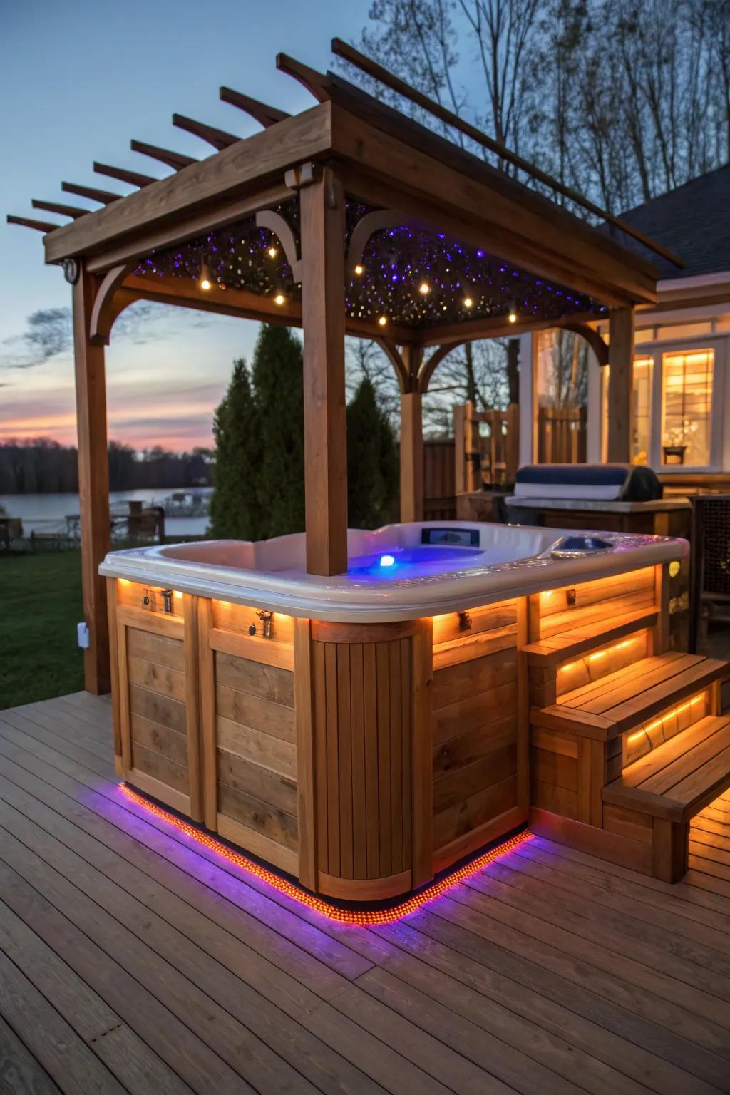 Transform your hot tub bar into a magical retreat with stunning LED lighting and exquisite craftsmanship.