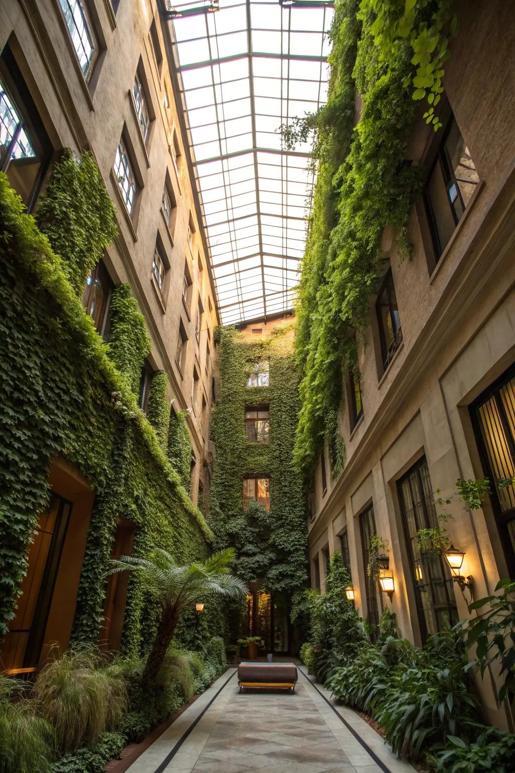 Vertical gardens add lush greenery to this atrium's walls.