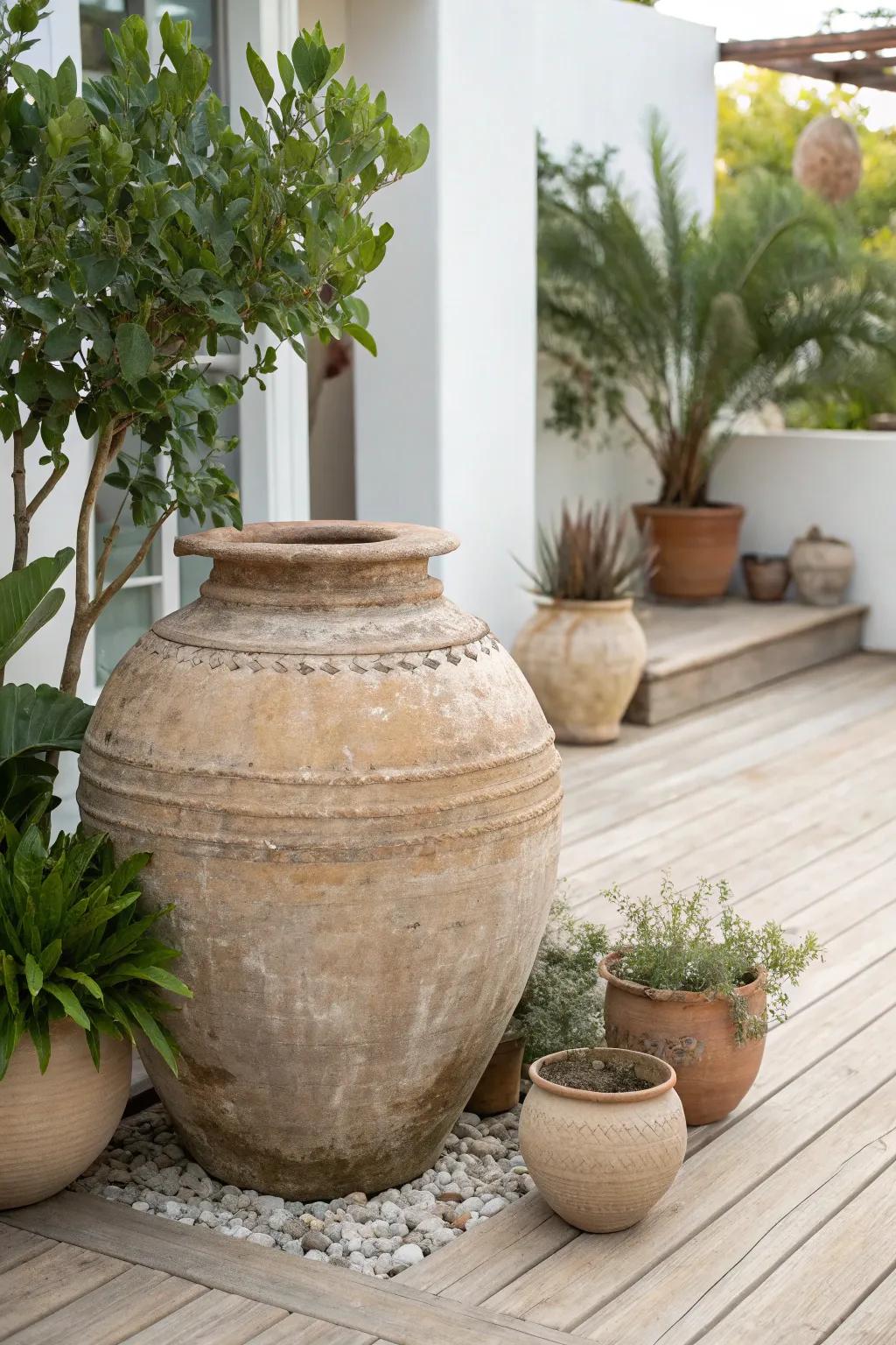 Elevate your garden with a stunning focal point: a beautifully crafted large pot surrounded by nature's simplicity.