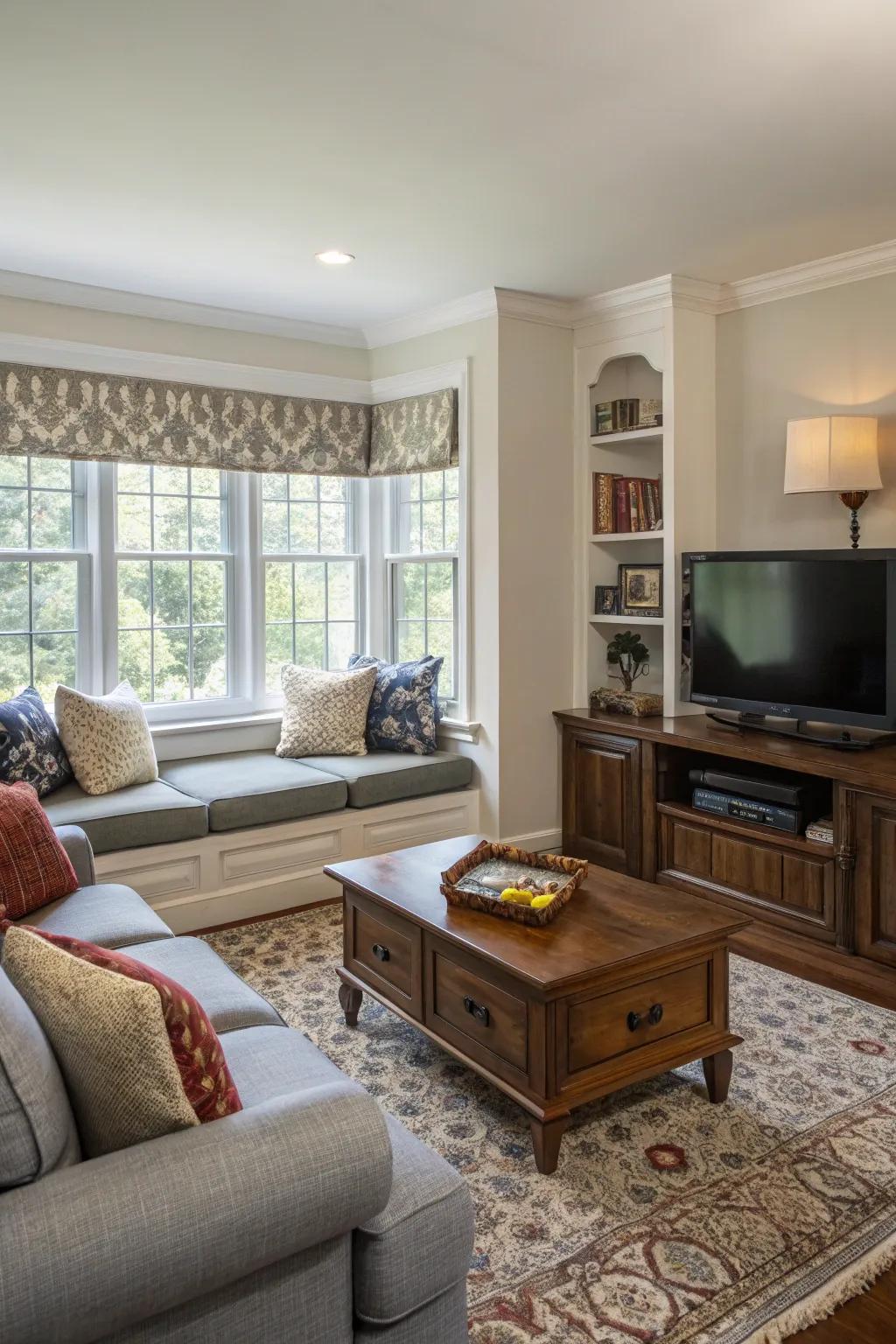 Contrasting furniture styles create visual separation.