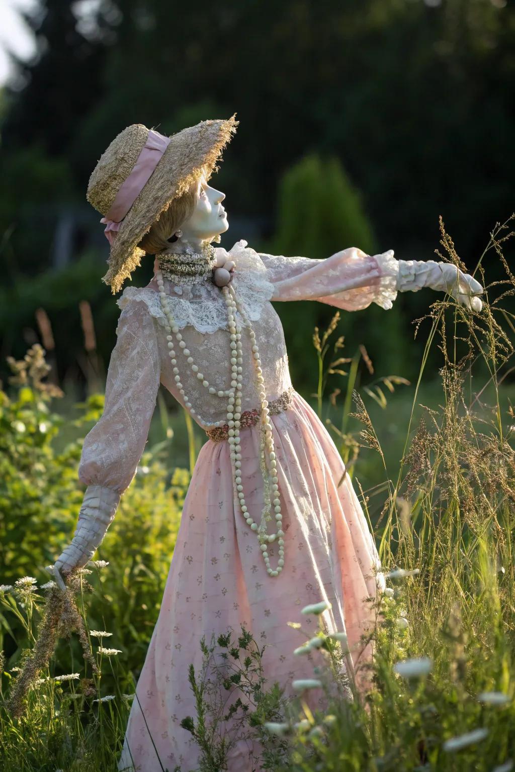 Embrace vintage glamour with a scarecrow that turns heads in timeless elegance.