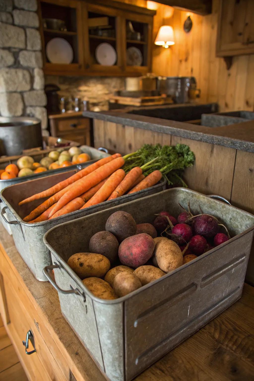 Vintage metal bins offering a unique industrial look to root vegetable storage.