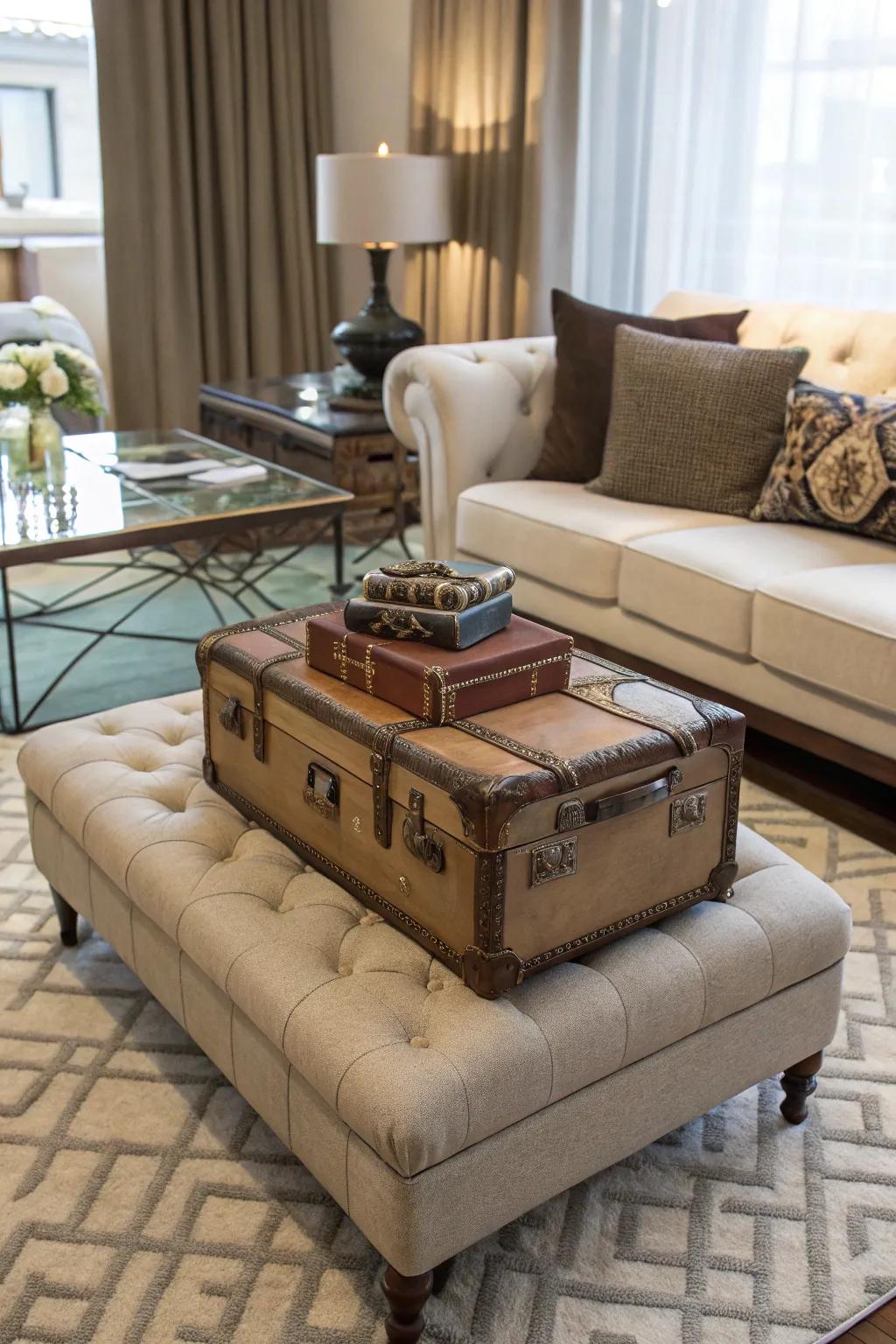 Ottomans with storage offer a chic solution for suitcase concealment.