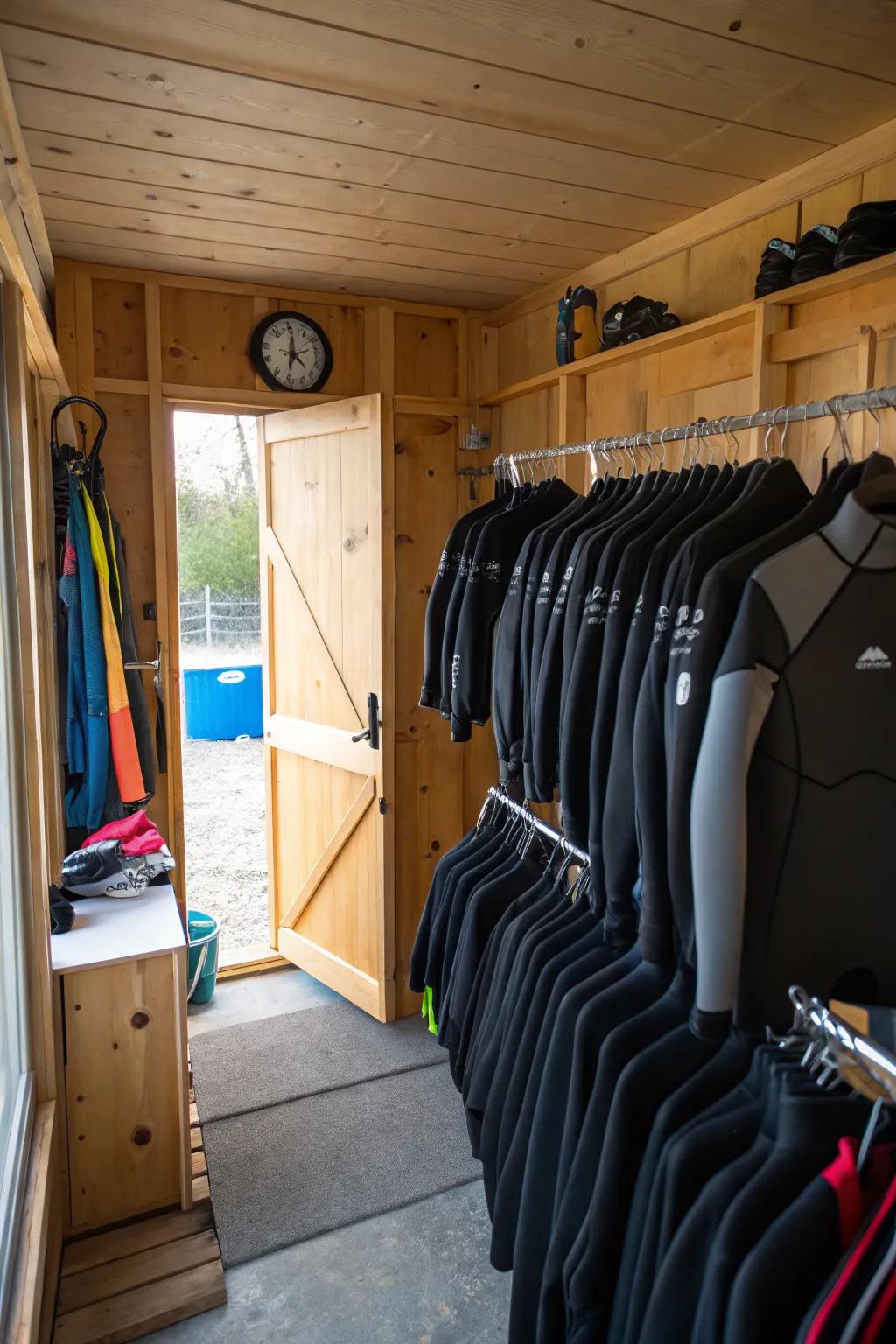 An organized wetsuit storage setup inside a shed.