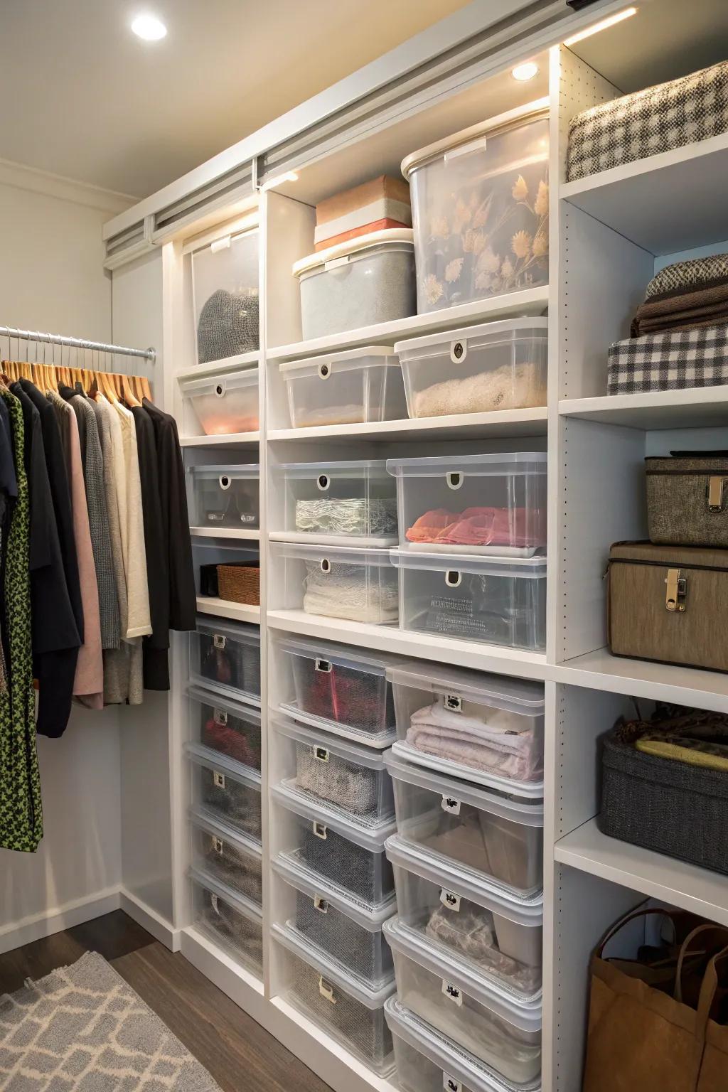 Clear storage containers make finding items a breeze.