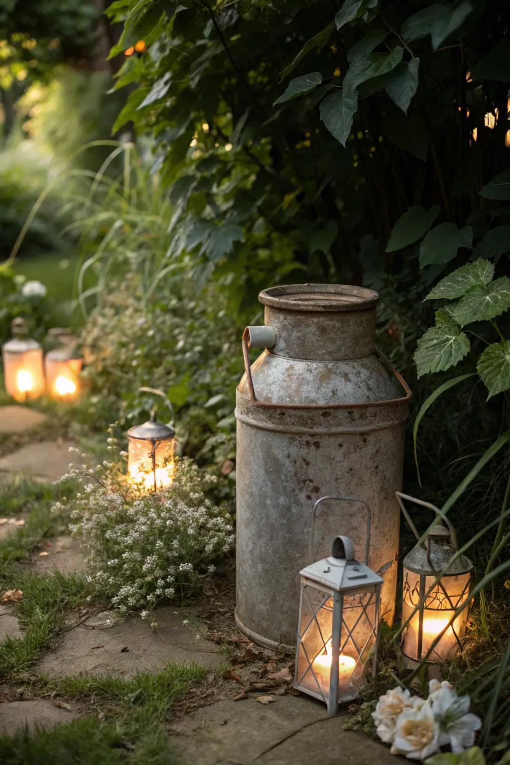 Transform your garden with the rustic charm of old milk cans, illuminated by lanterns for a magical touch.