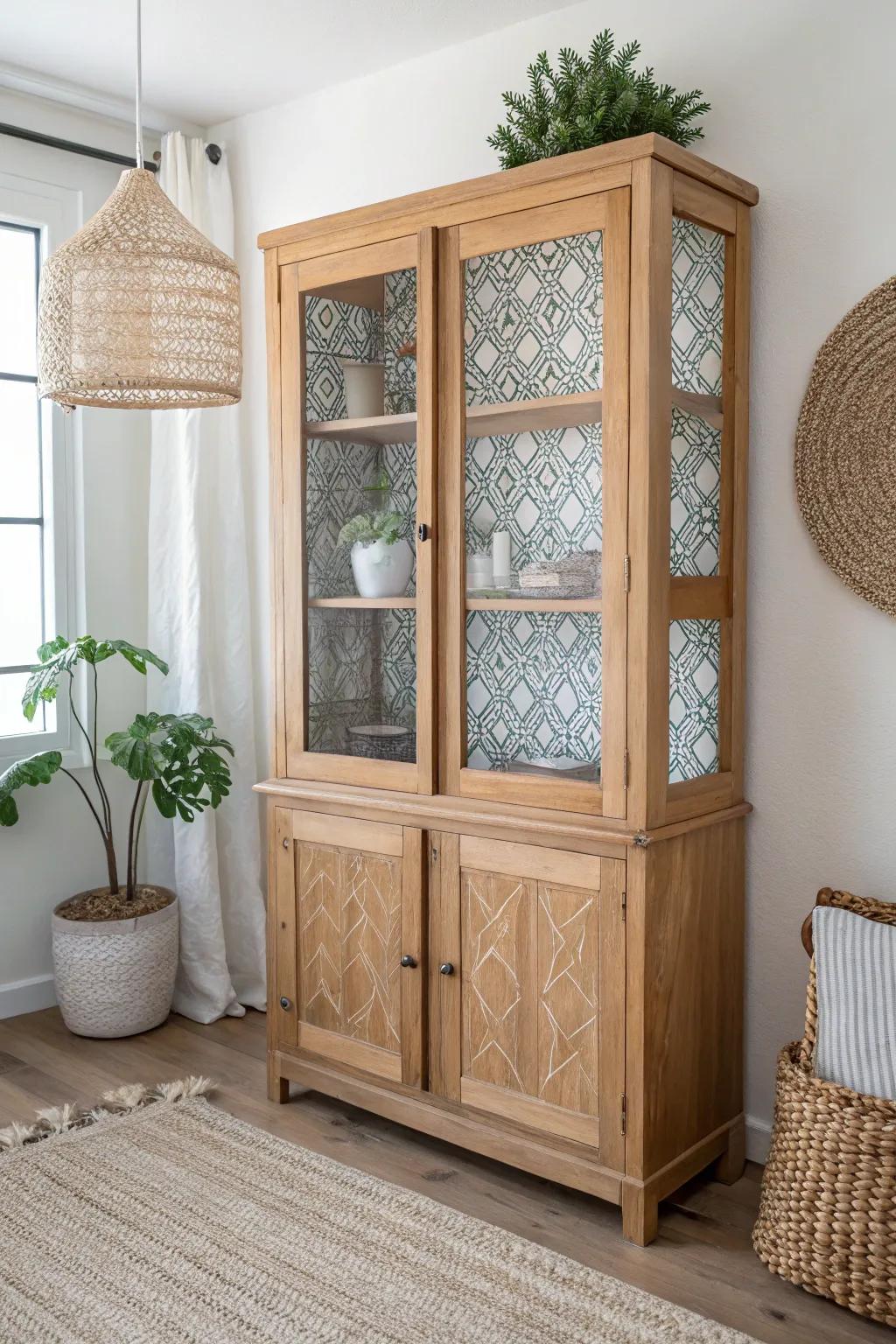 Transform your vintage hutch with a modern touch using decorative paper for a unique blend of old-world charm and contemporary style.