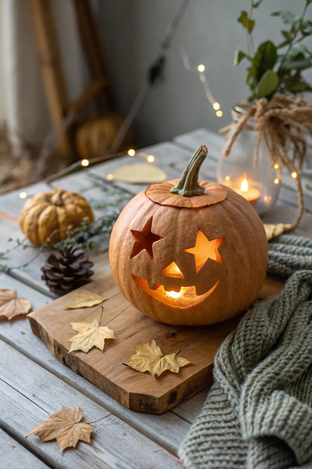 Illuminate your Halloween with a starry-eyed pumpkin design that's both enchanting and elegant.