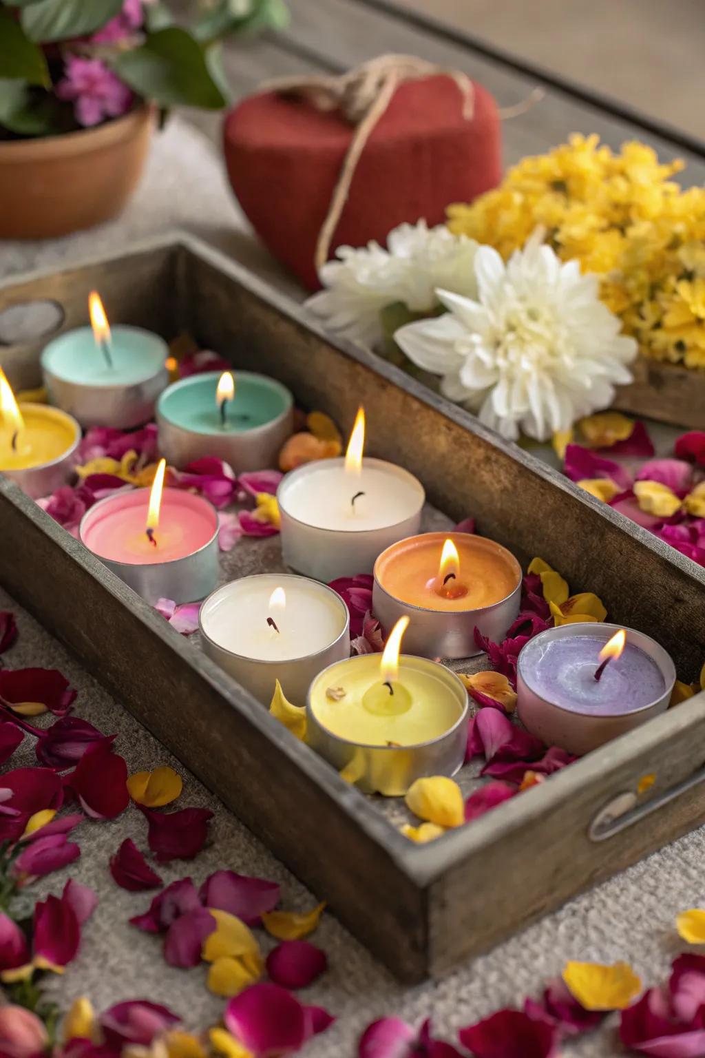 Candle displays create a serene and mesmerizing mood.