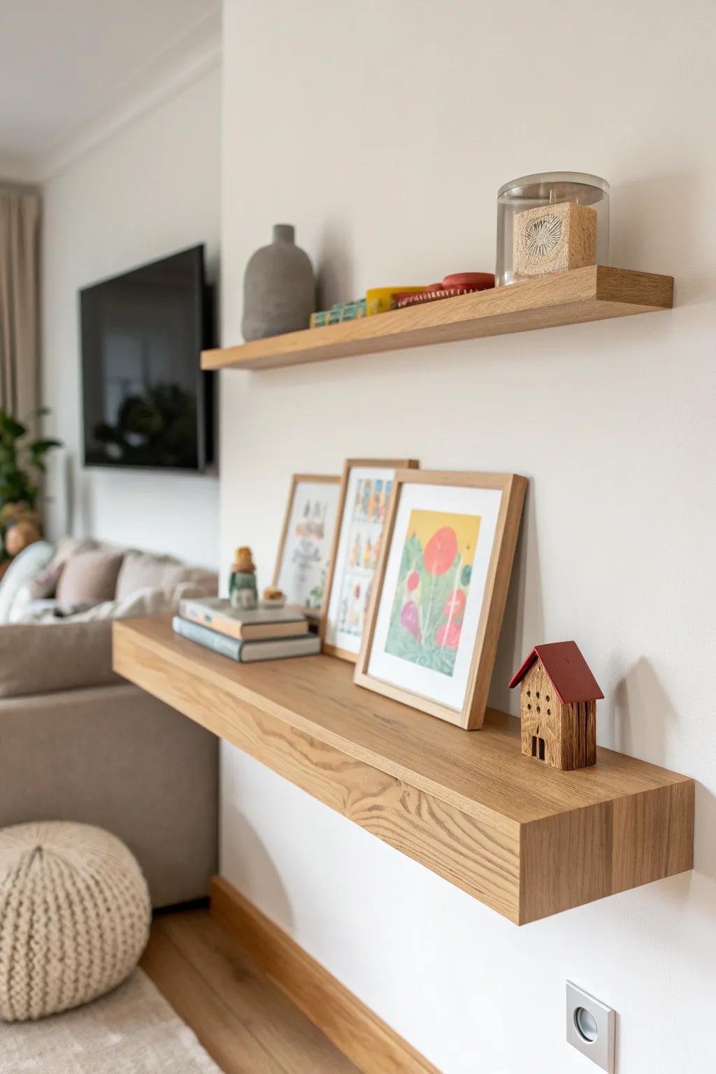Elevate your child's creativity with beautifully crafted floating shelves. A perfect blend of simplicity and artistry.