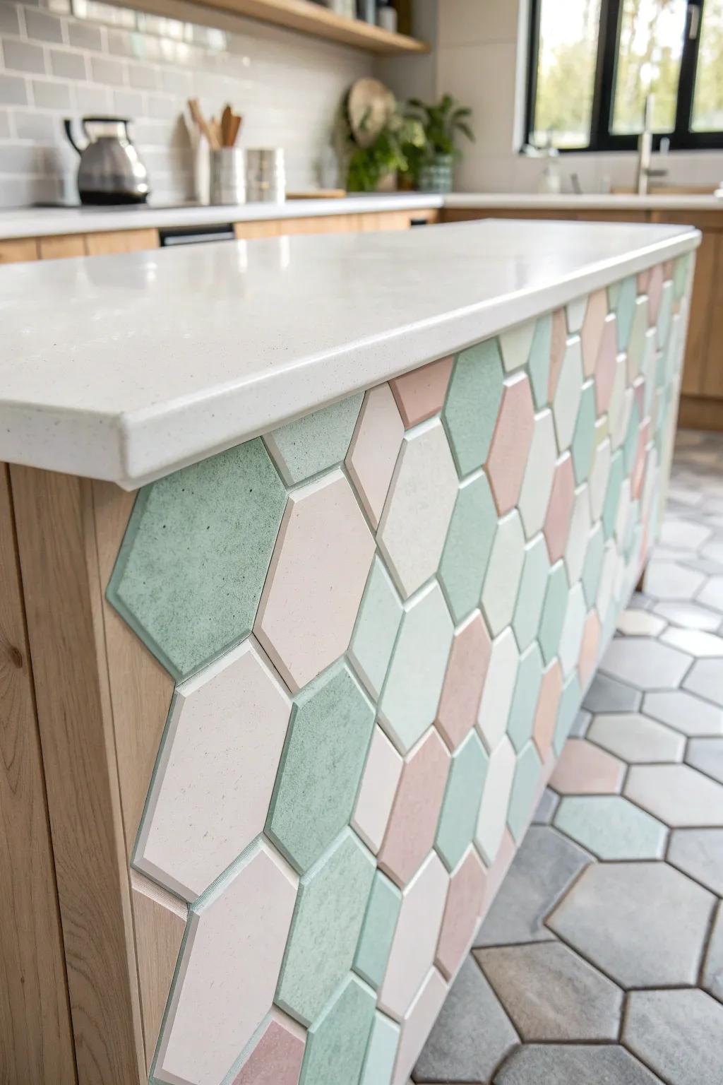 Add a touch of geometric elegance to your kitchen with hexagon tiles that blend modern design with natural beauty.