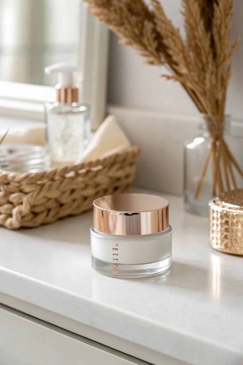 Elevate your vanity with the chic allure of metallic labels, blending minimalist elegance with a touch of glam.
