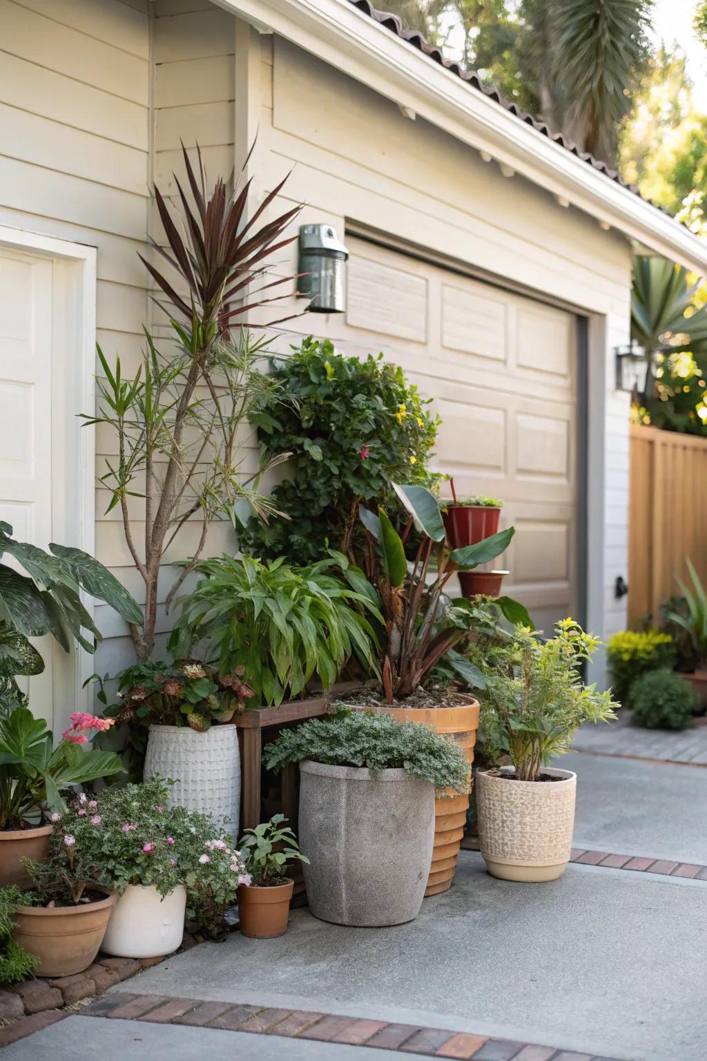 Potted plants provide flexibility and seasonal variety.