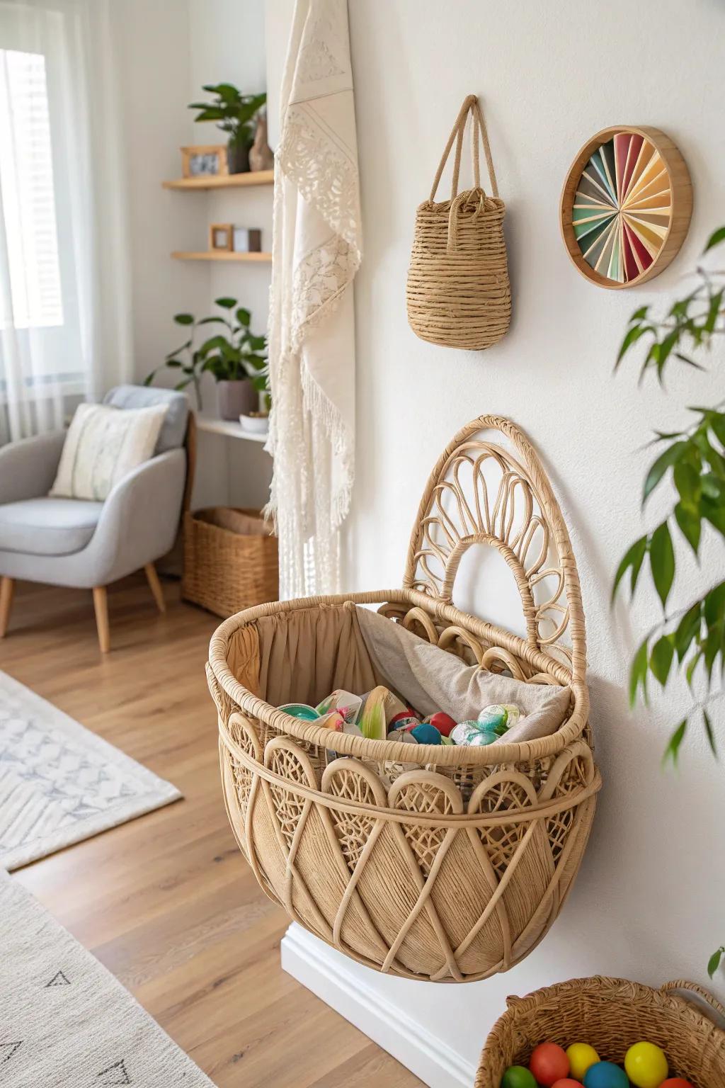 Elevate your toy storage with charming wall-mounted baskets, blending Scandinavian simplicity with a Boho twist.