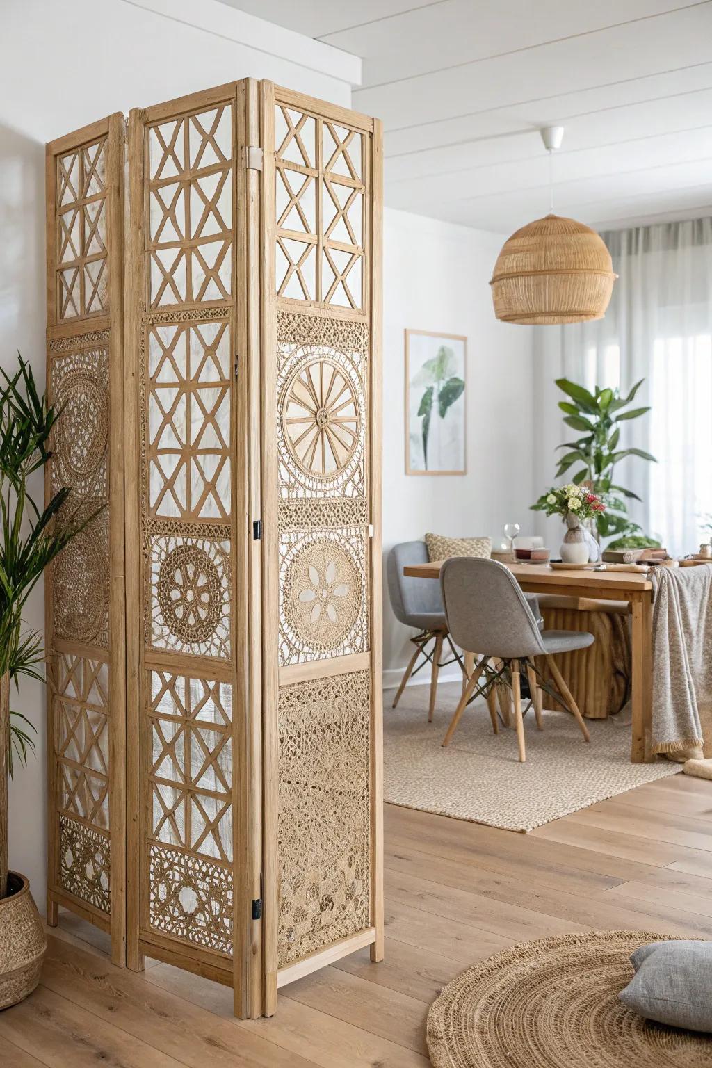 Create serene spaces with a touch of elegance using a lattice room divider.