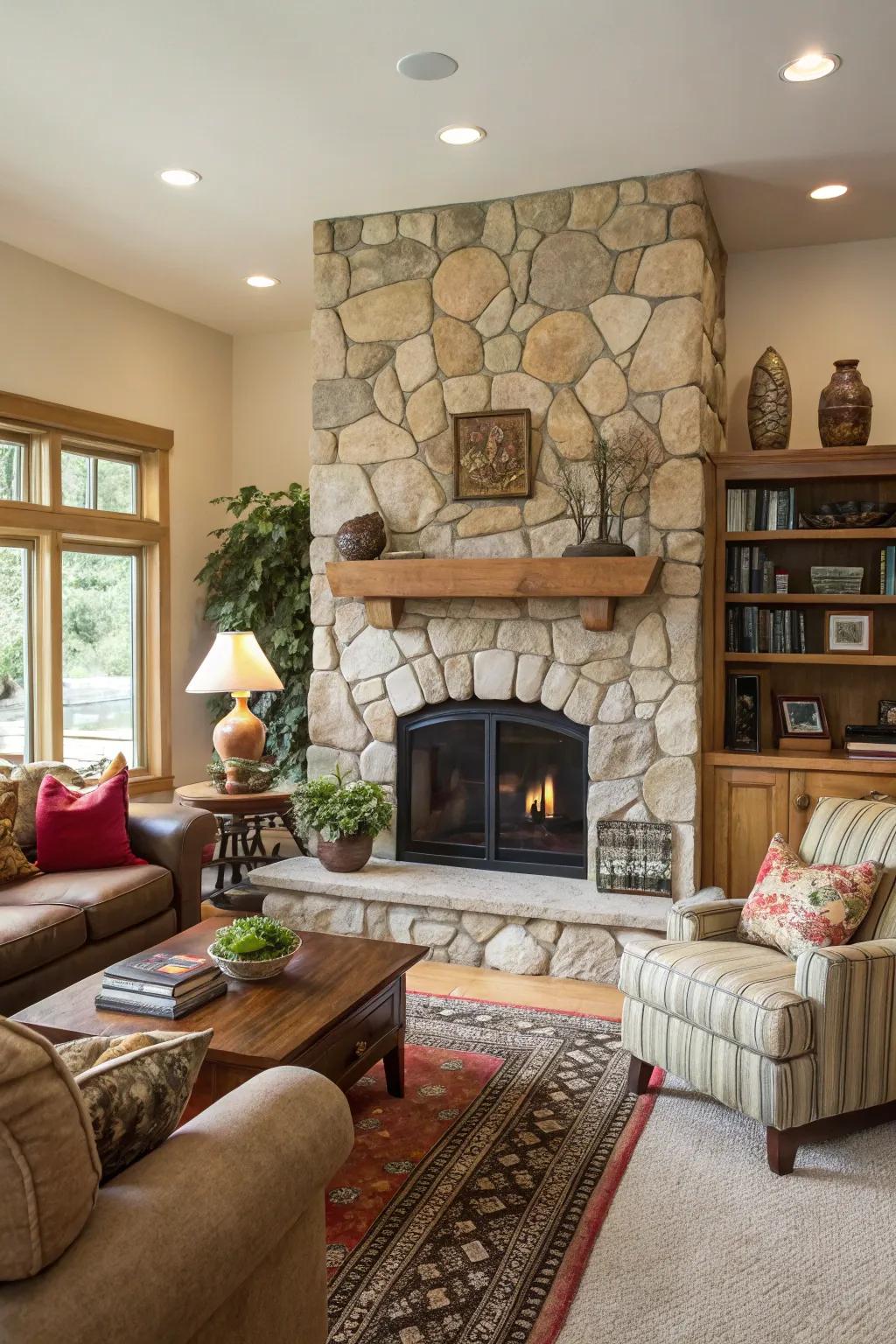An eclectic mix of stones adds personality to a light stone fireplace.