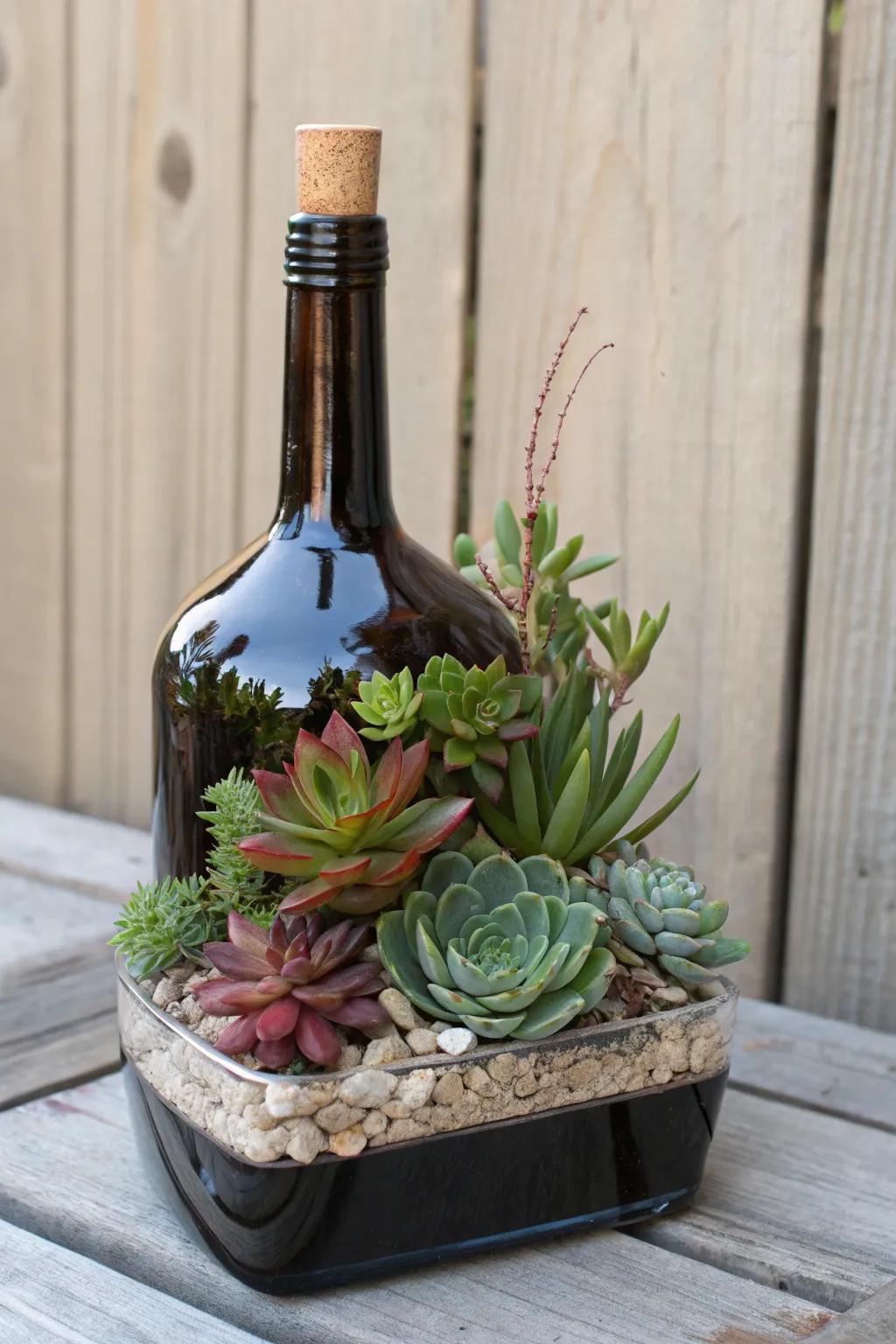 Transform your space with this stunning liquor bottle turned succulent garden—where elegance meets artistry.