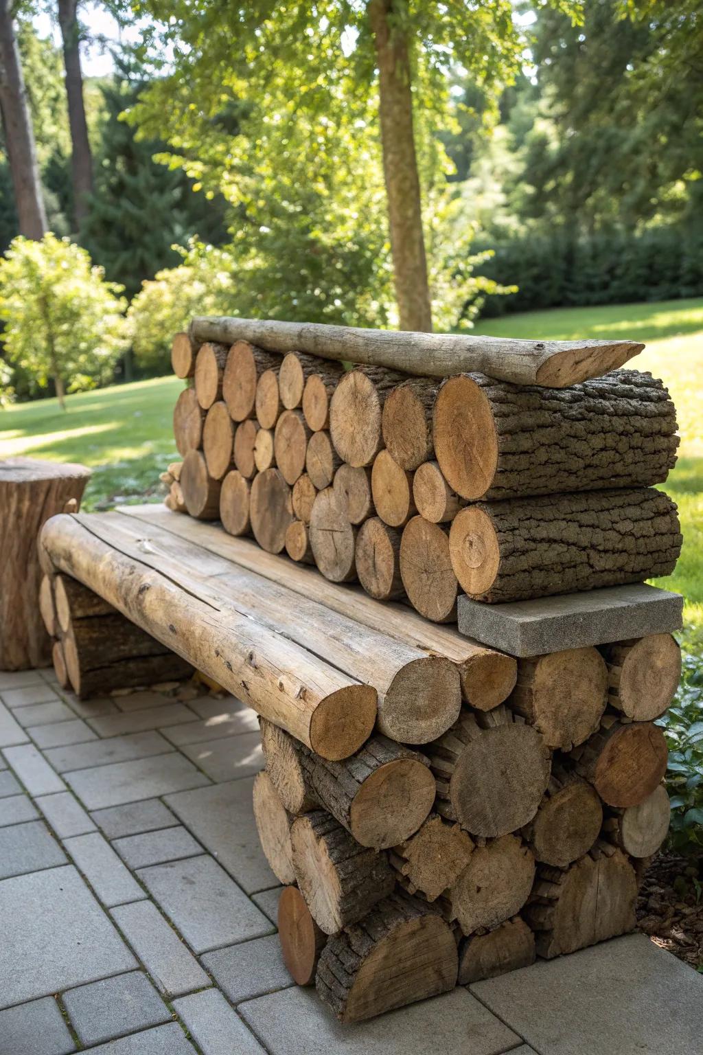 Crafted Elegance: A stunning layered log bench that redefines rustic charm.