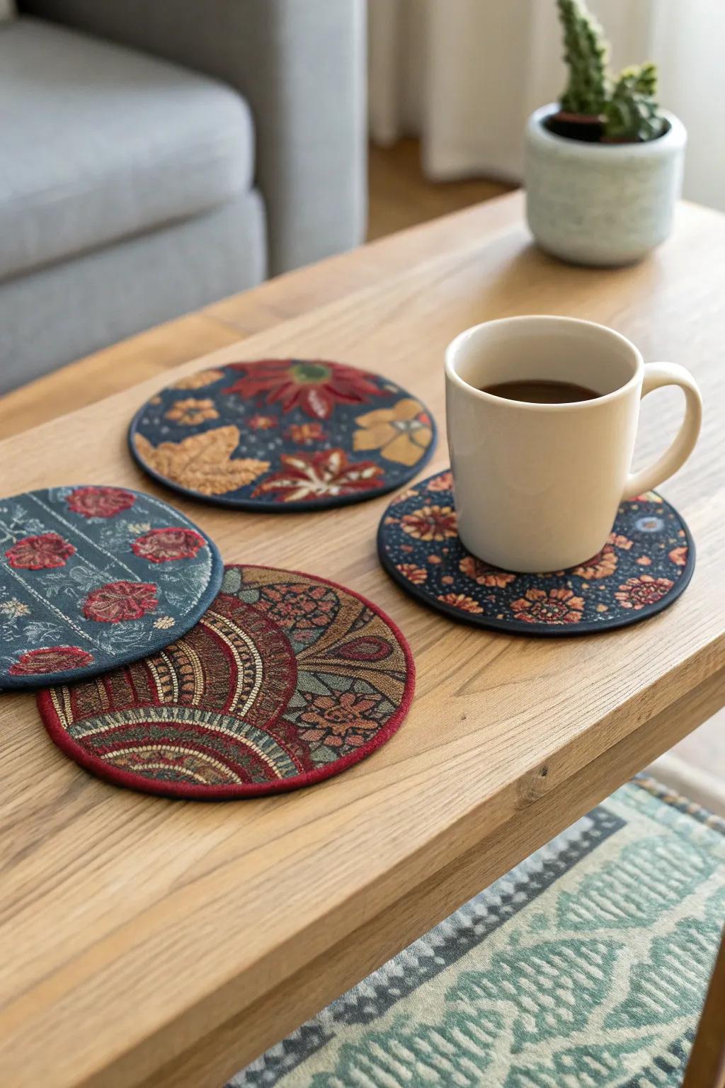 Elevate your coffee table with DIY no-sew fabric coasters, blending boho charm with minimalist elegance.