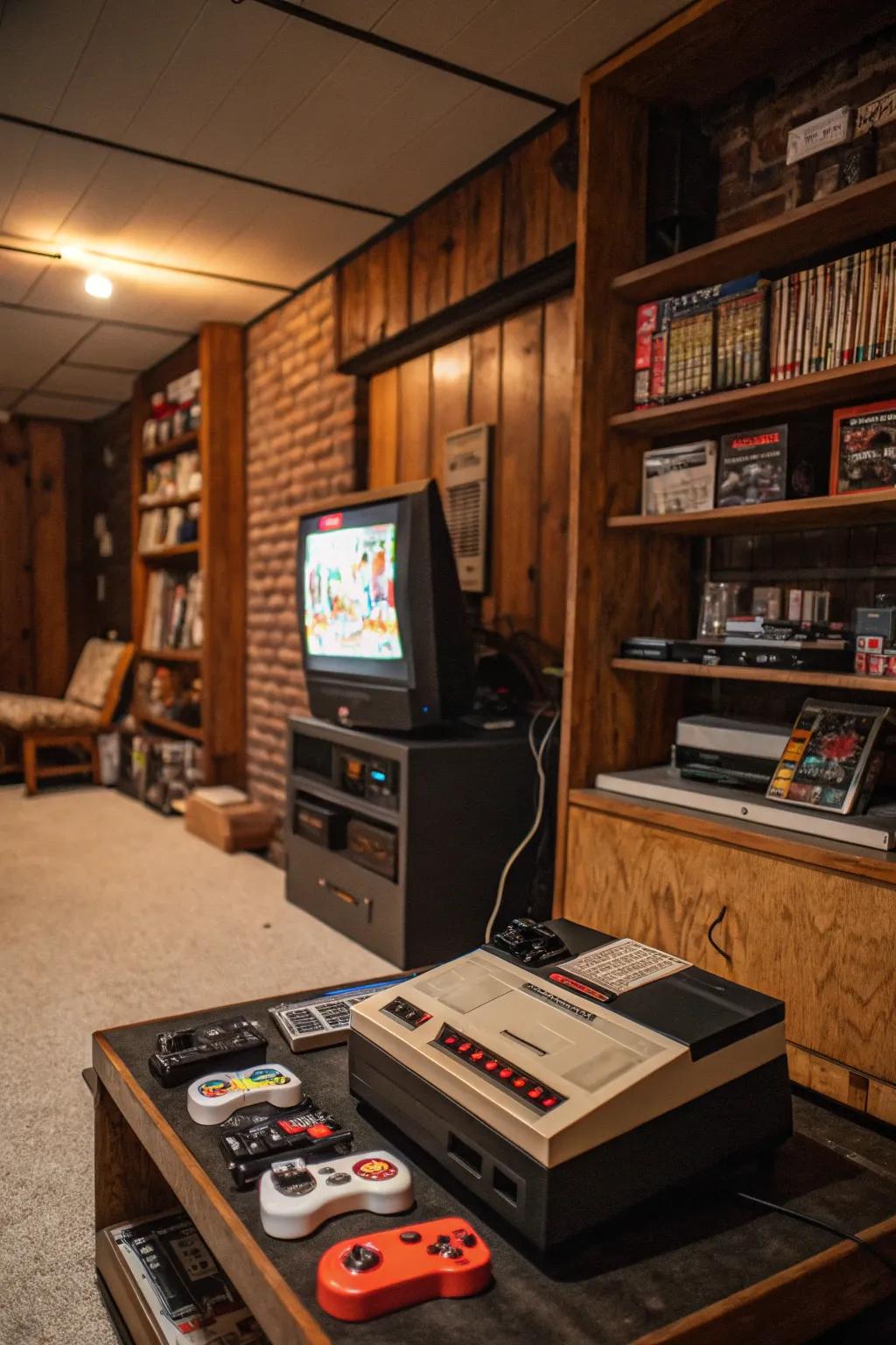 A vintage gaming corner satisfies retro gaming cravings.
