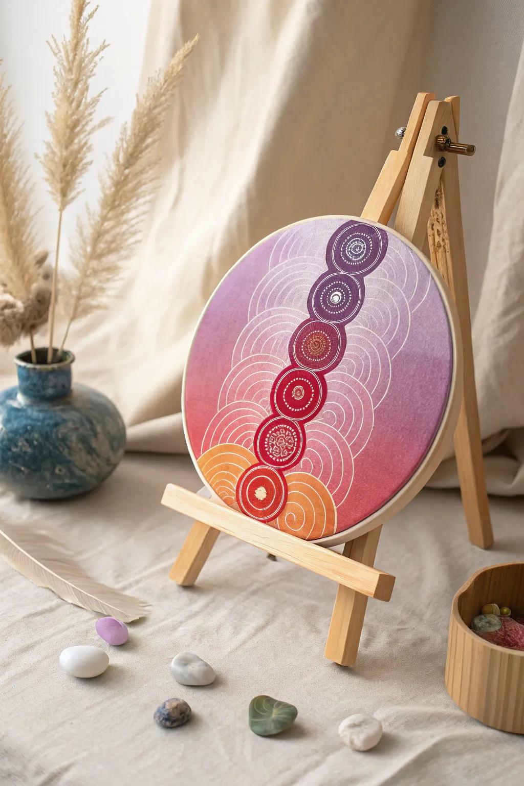 Find your balance with this stunning chakra art piece, a perfect blend of minimalist design and vibrant colors.