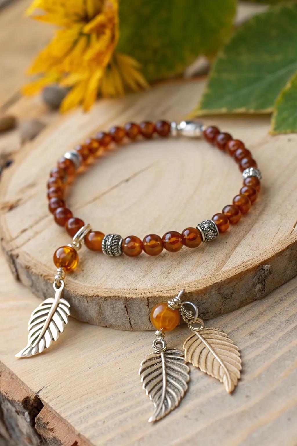 Embrace autumn's essence with this handcrafted amber and leaf charm bracelet, capturing the season's natural beauty.