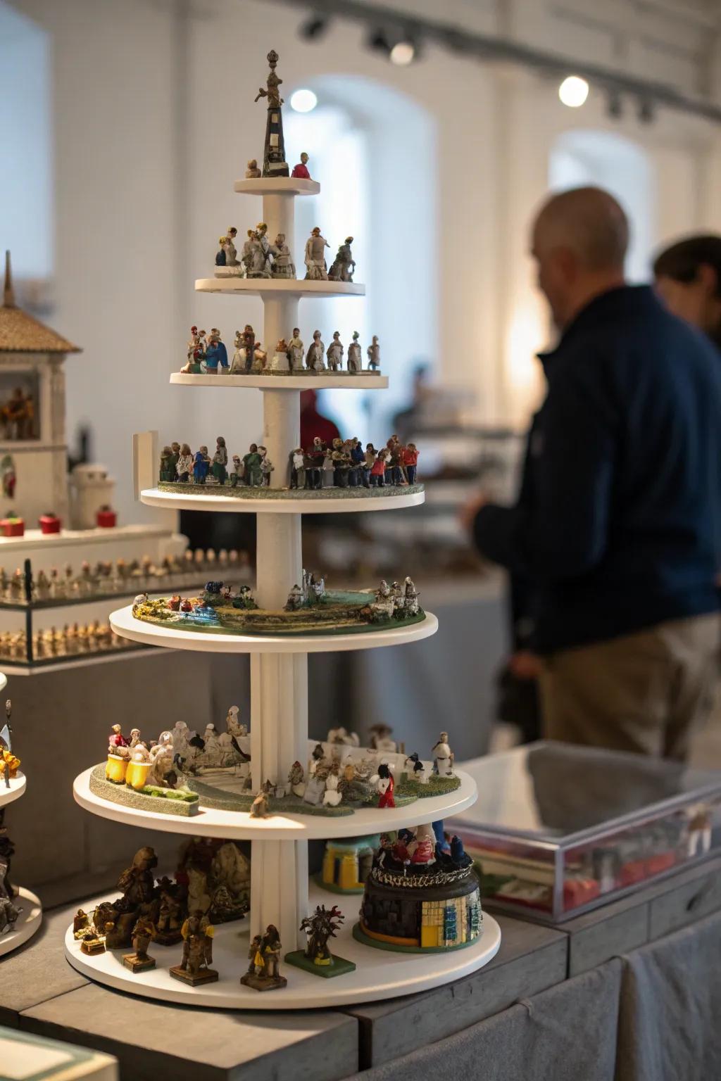 Tiered displays maximize space and visibility for miniatures.