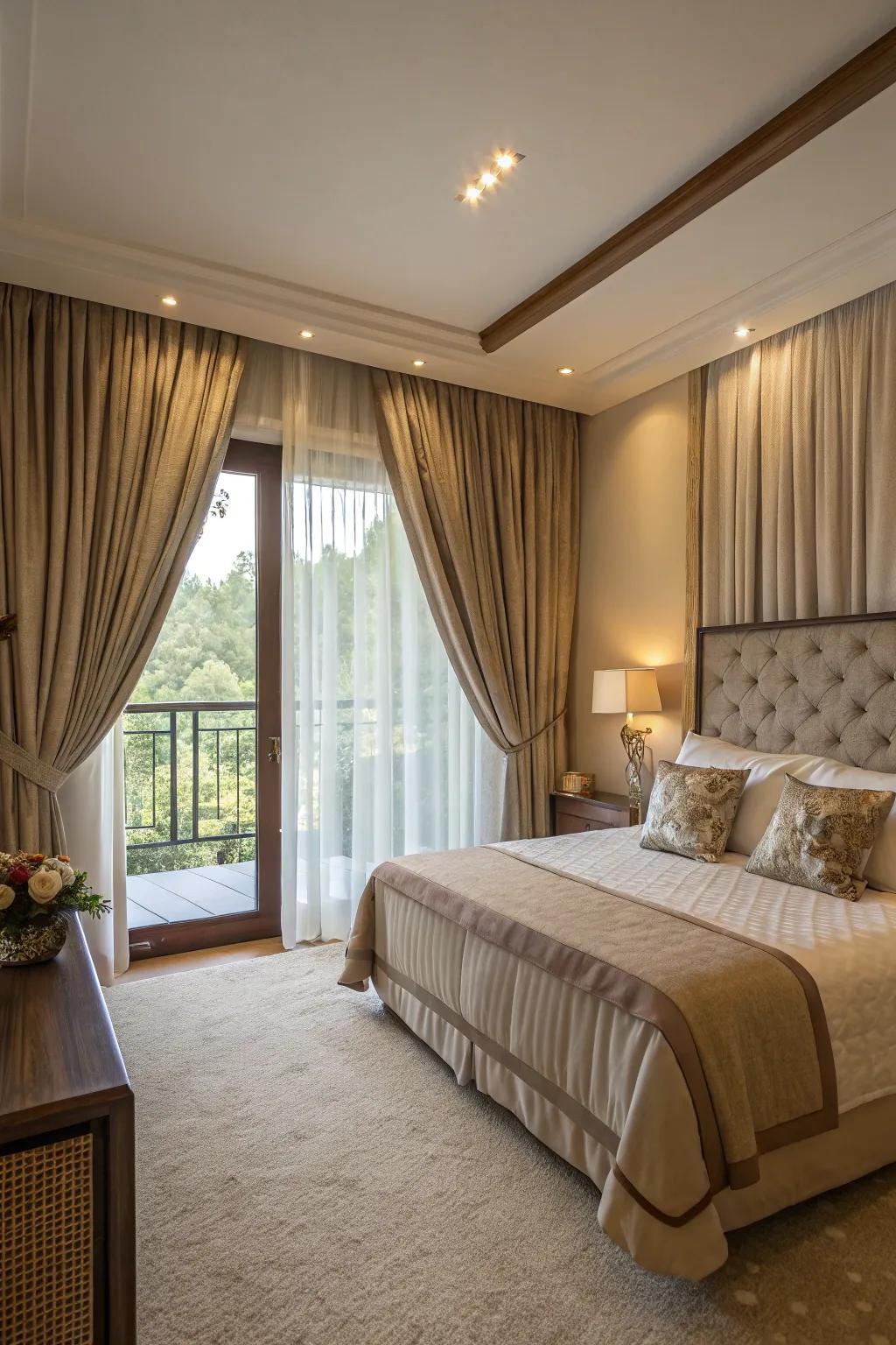 Layered drapery offers lighting flexibility in this guest bedroom.