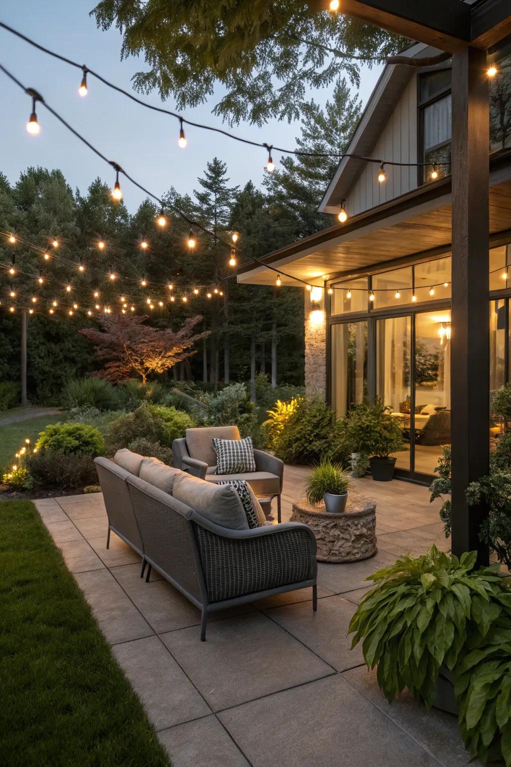 String lights transforming a patio into a magical evening retreat