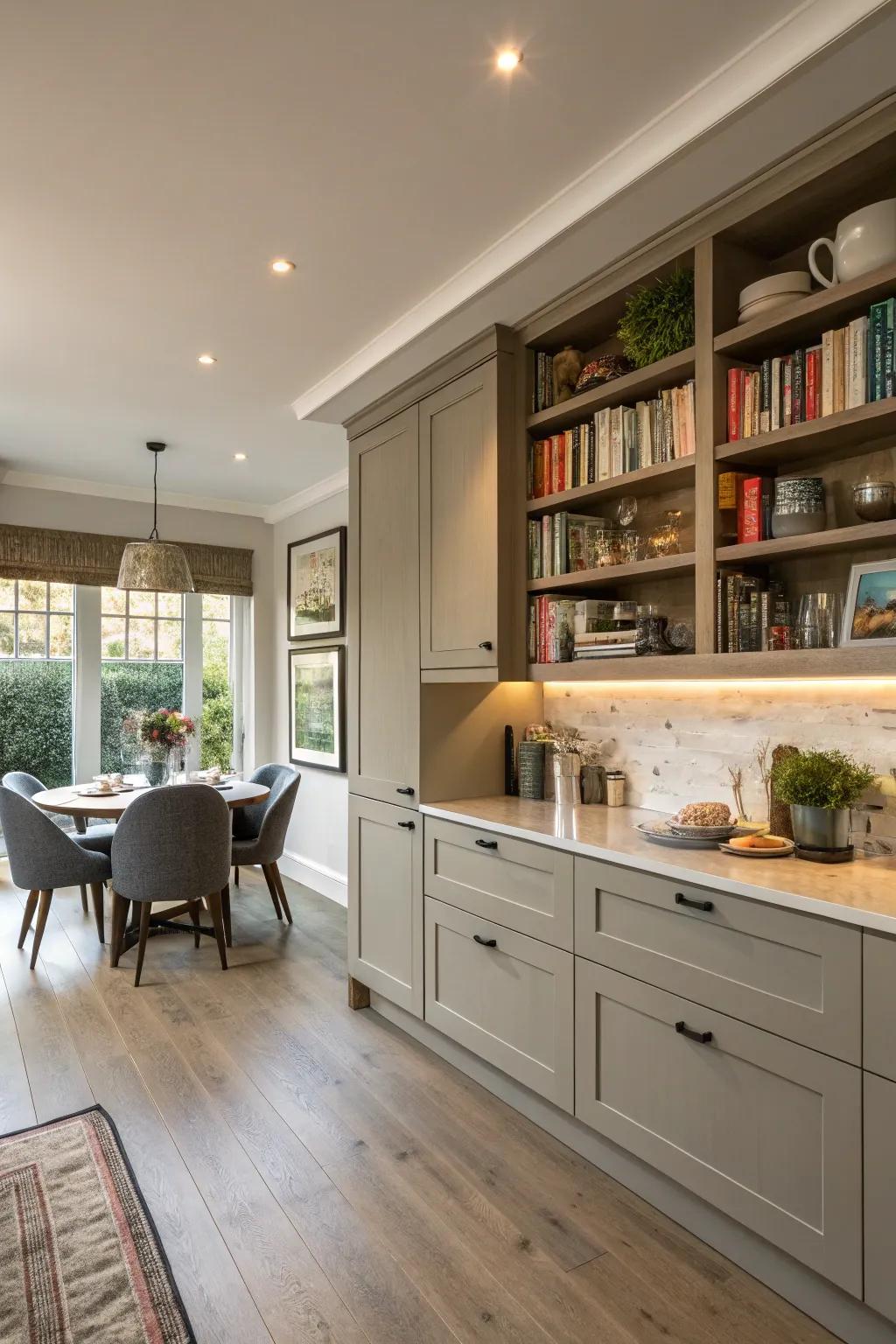 A kitchen with innovative and stylish shelving.