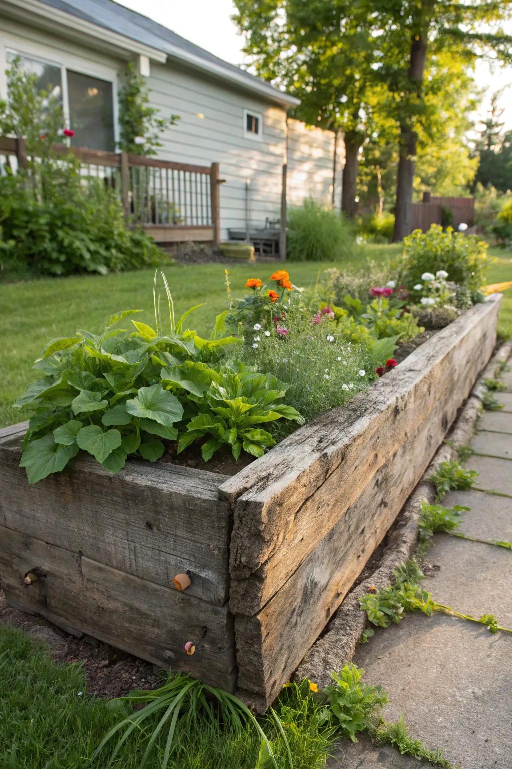 Transform rustic into refined: Embrace natural beauty with repurposed railroad ties in your garden.