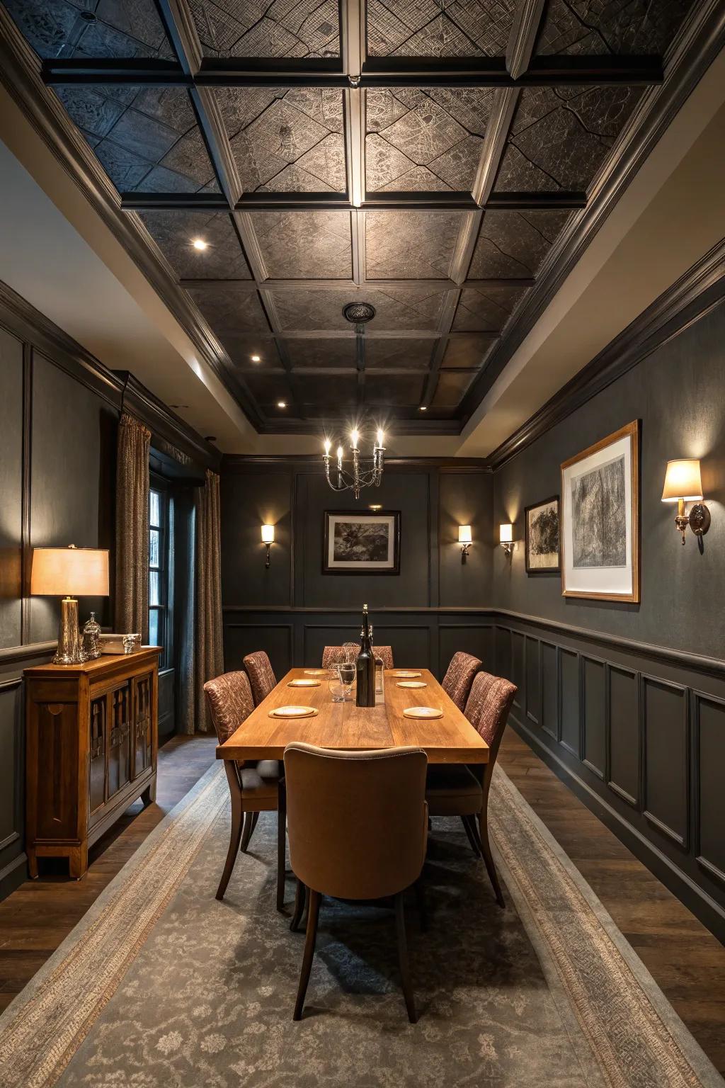 Dark ceilings enhance the room's drama.