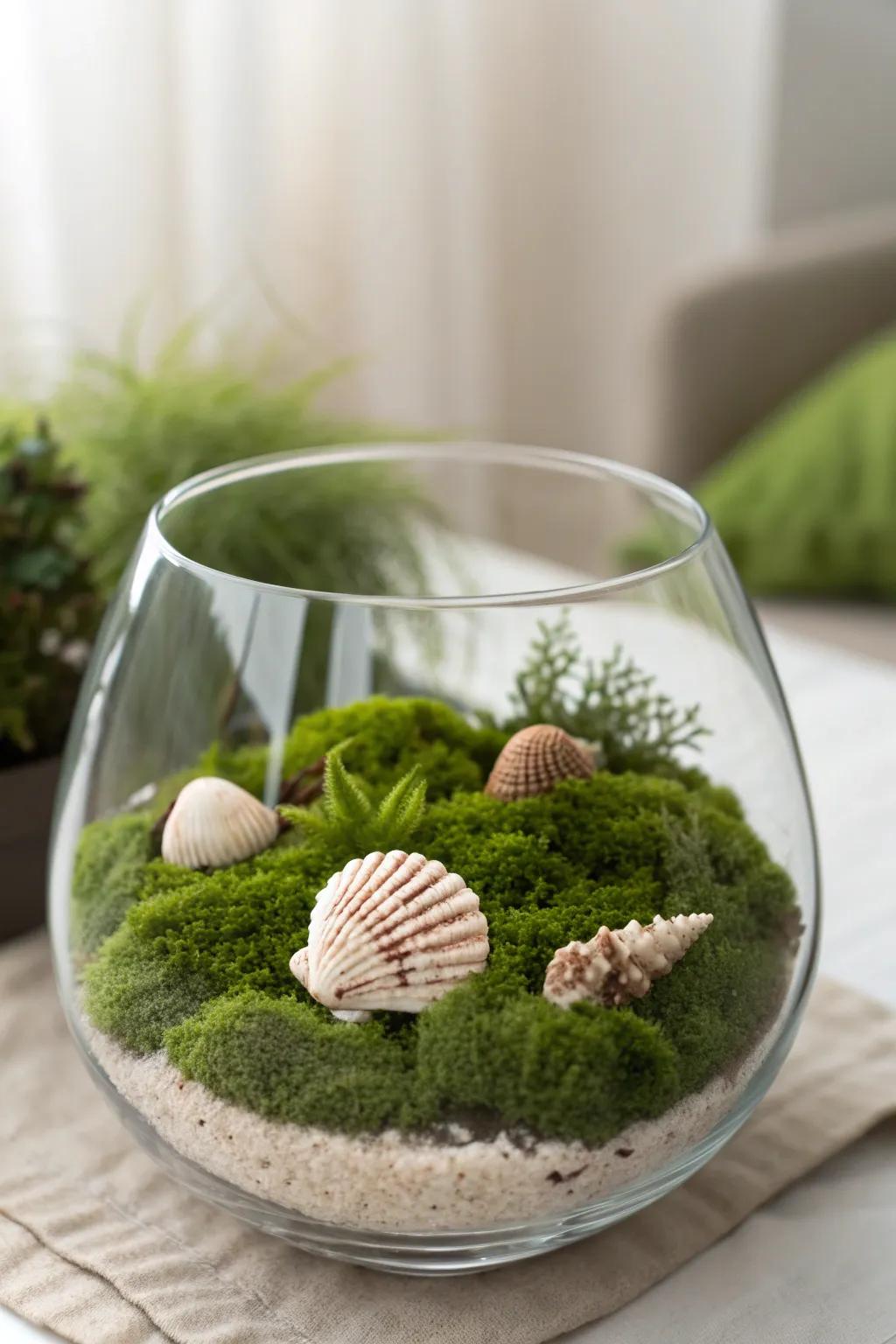 Bring the beach indoors with this beautifully crafted moss terrarium featuring delicate seashells.