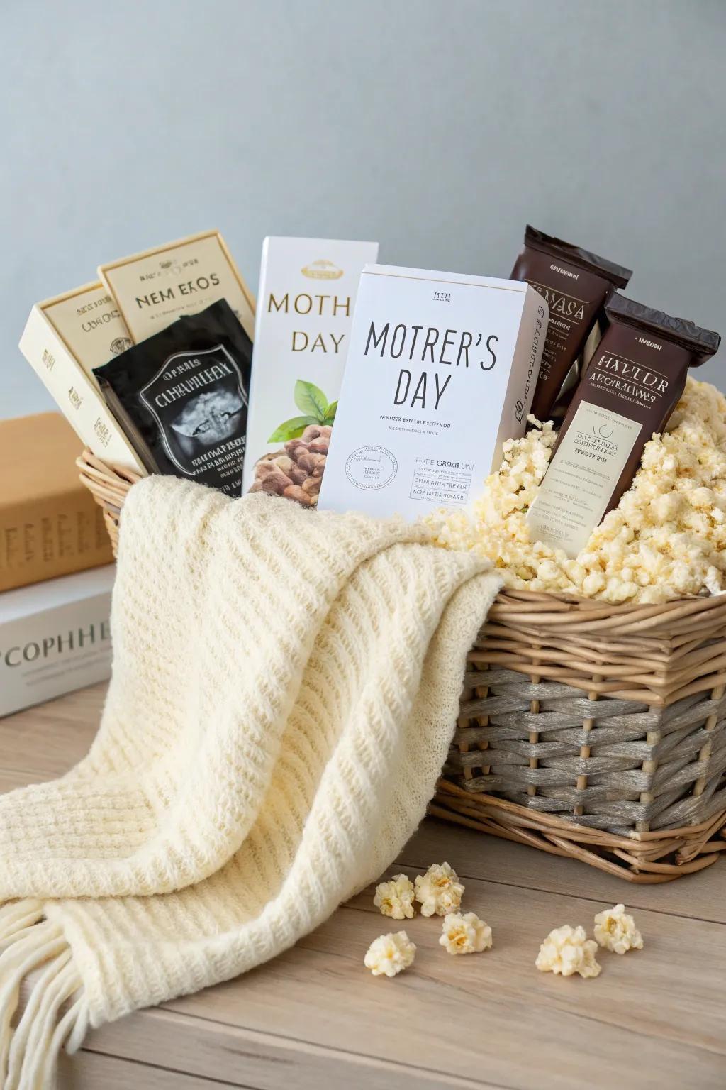 Indulge Mom with a cozy movie night basket, crafted with love and simplicity. 🍿🎥