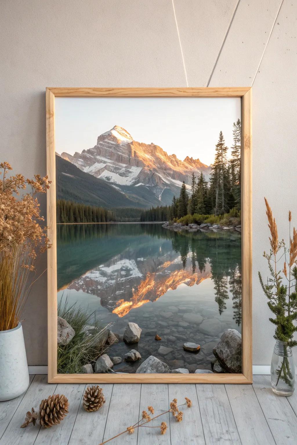 Capture the serenity of nature with this stunning mountain reflection artwork, perfect for adding a touch of minimalist elegance to any space.