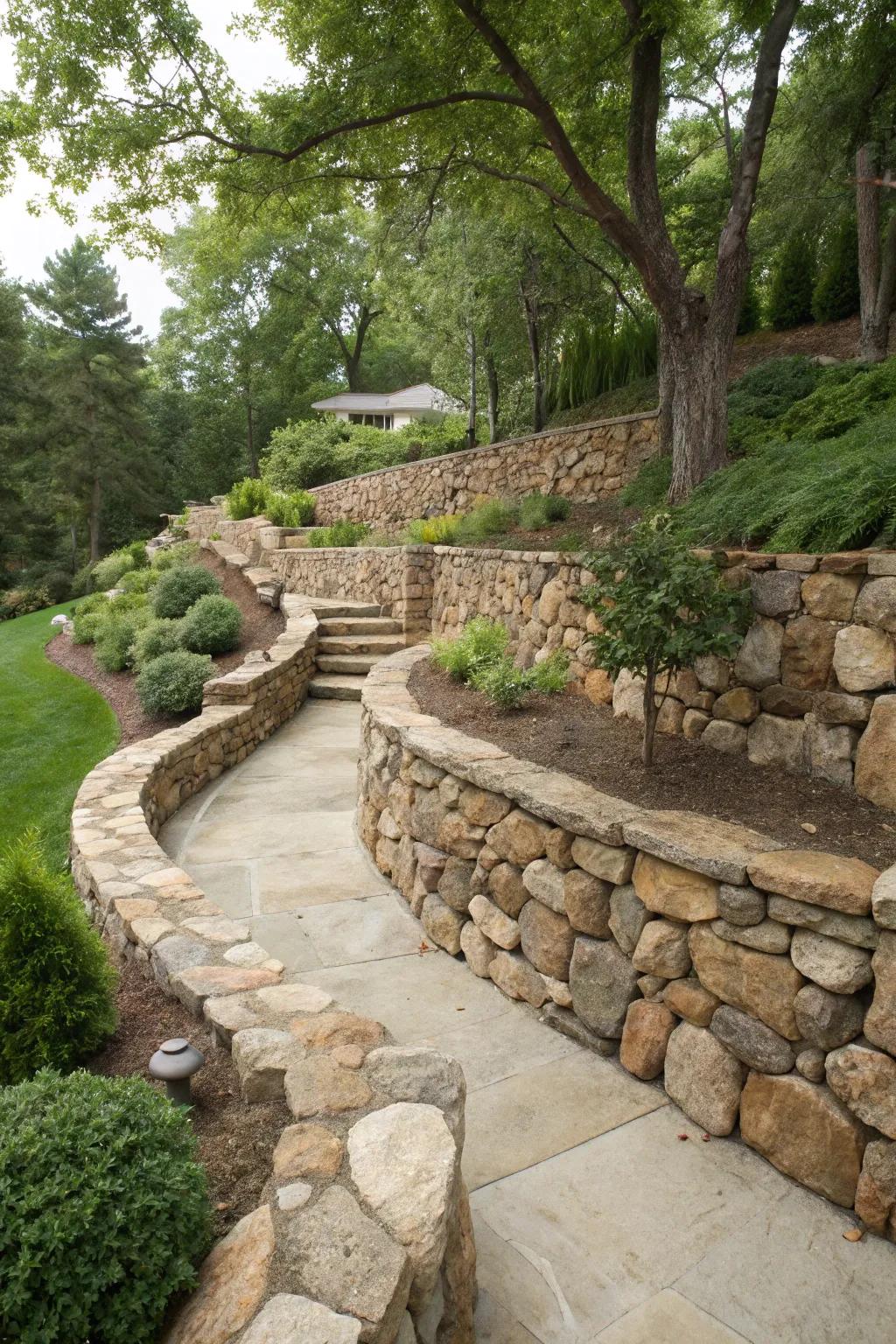 Timeless Craftsmanship: A natural stone wall in perfect harmony with its lush surroundings.