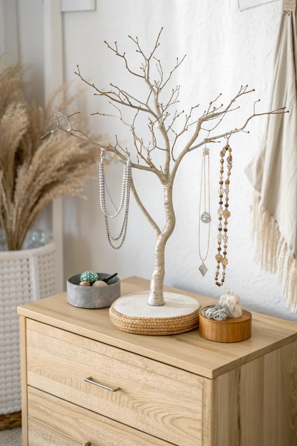 Elevate your decor with a handcrafted jewelry tree that blends minimalist elegance with boho charm.