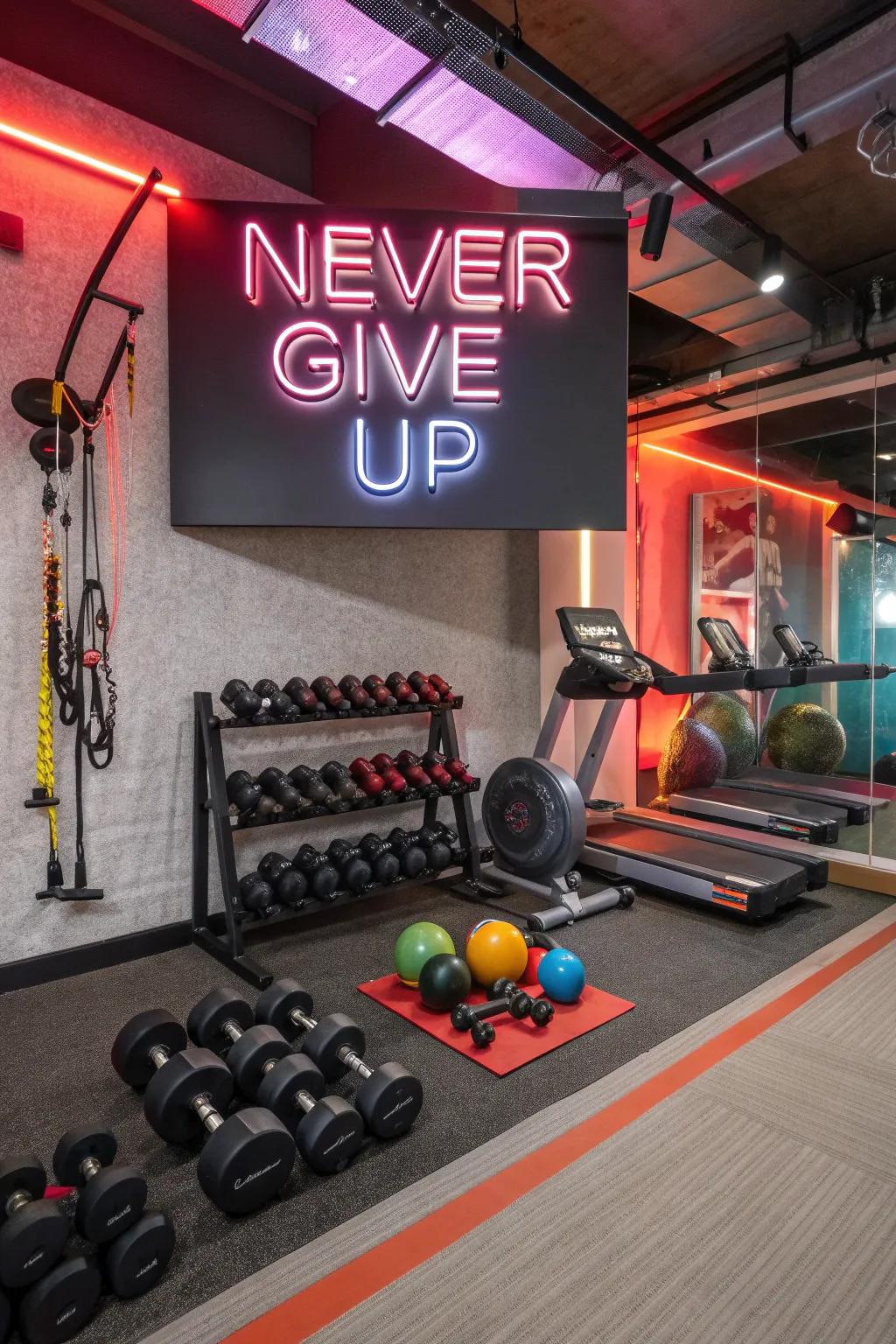 A home gym with a motivating 'Never Give Up' neon sign.
