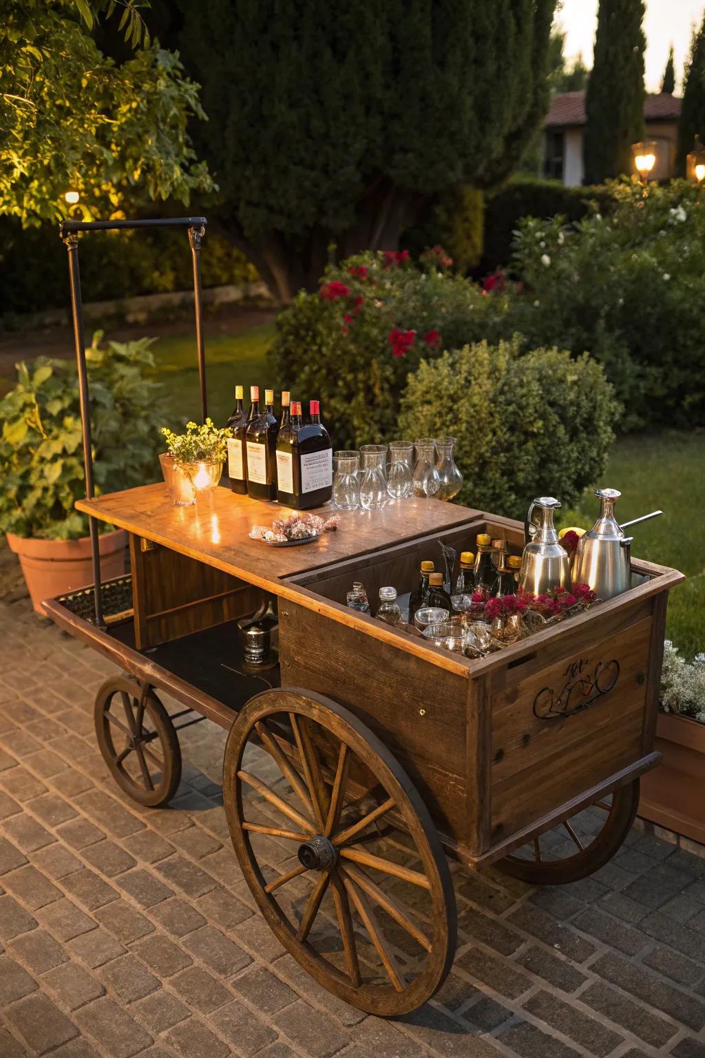 Elevate your summer gatherings with a charming wheelbarrow bar, where rustic elegance meets outdoor fun.