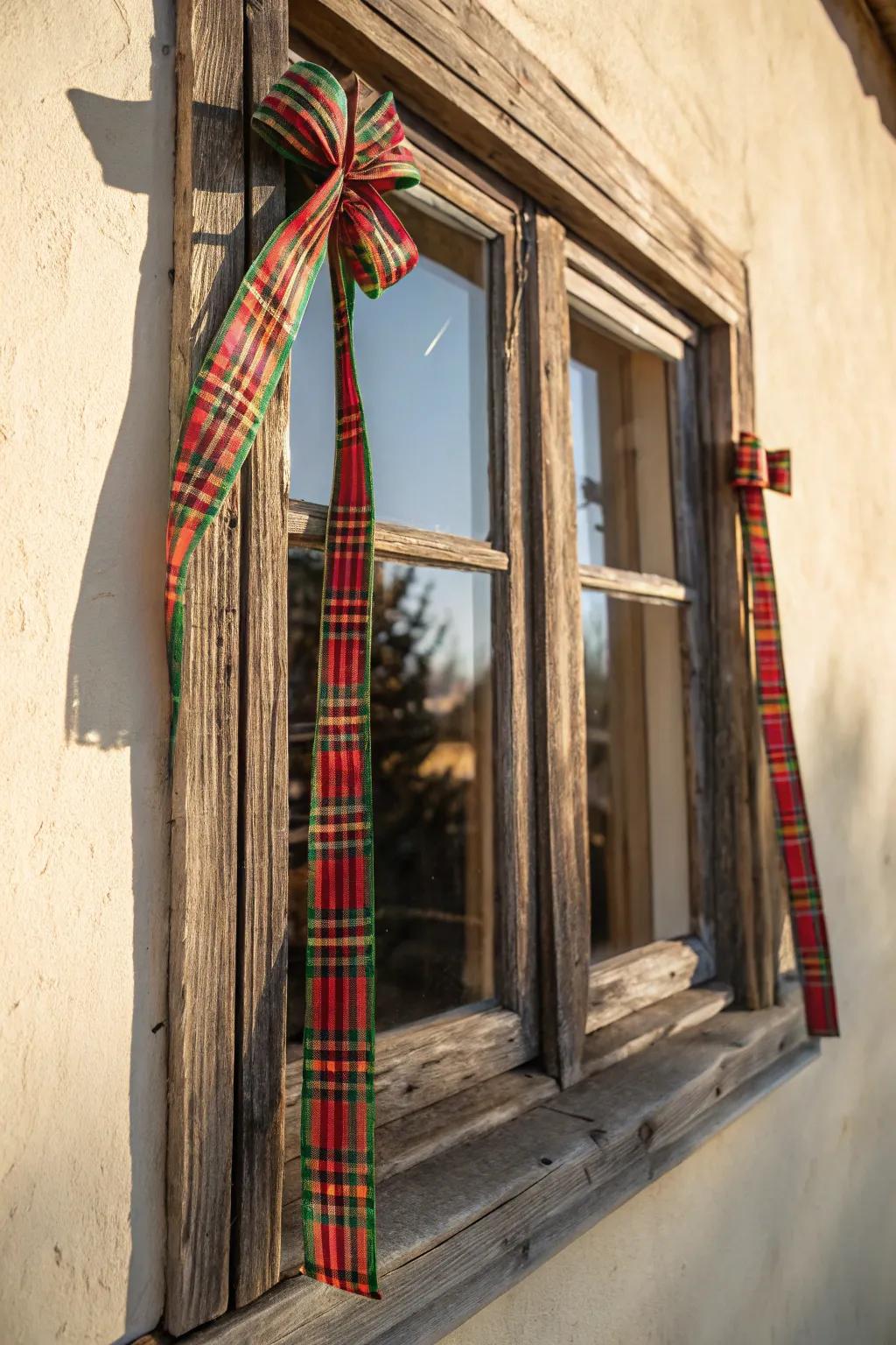 Rustic Elegance: Transform your window frame into a festive focal point with plaid ribbons this holiday season.