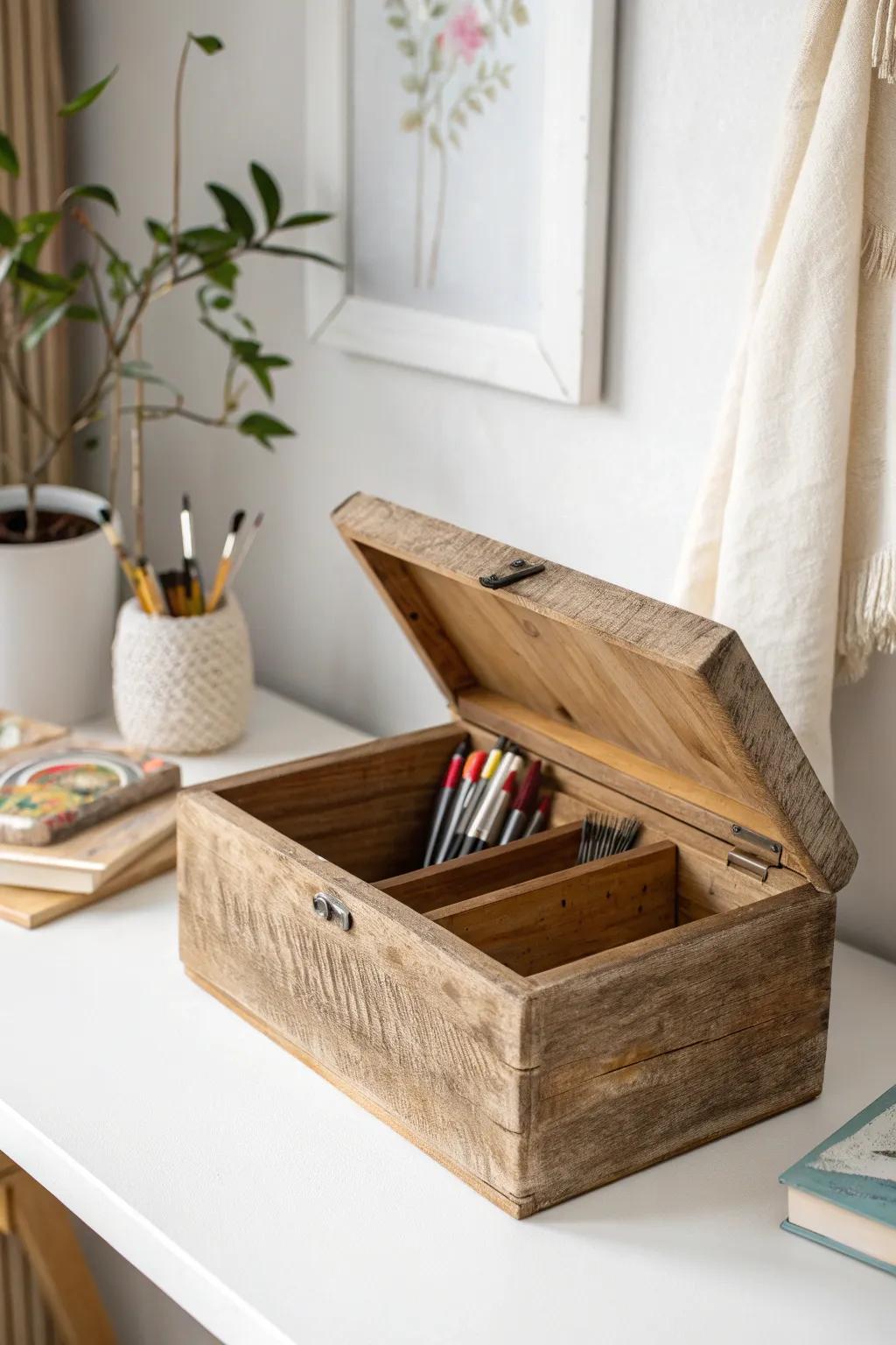 Elevate your workspace with a touch of rustic charm. Organize creatively with a timeless wooden box.