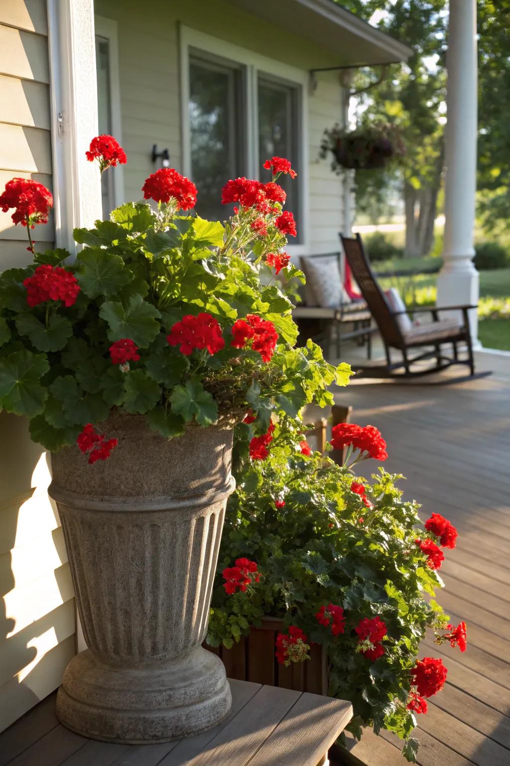 Cheerful geraniums bring vibrant color to this sunny porch.