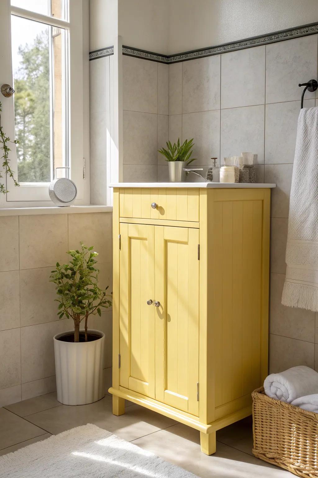 Start your day with a burst of sunshine: Embrace the joy of bright yellow cabinets in your minimalist bathroom.