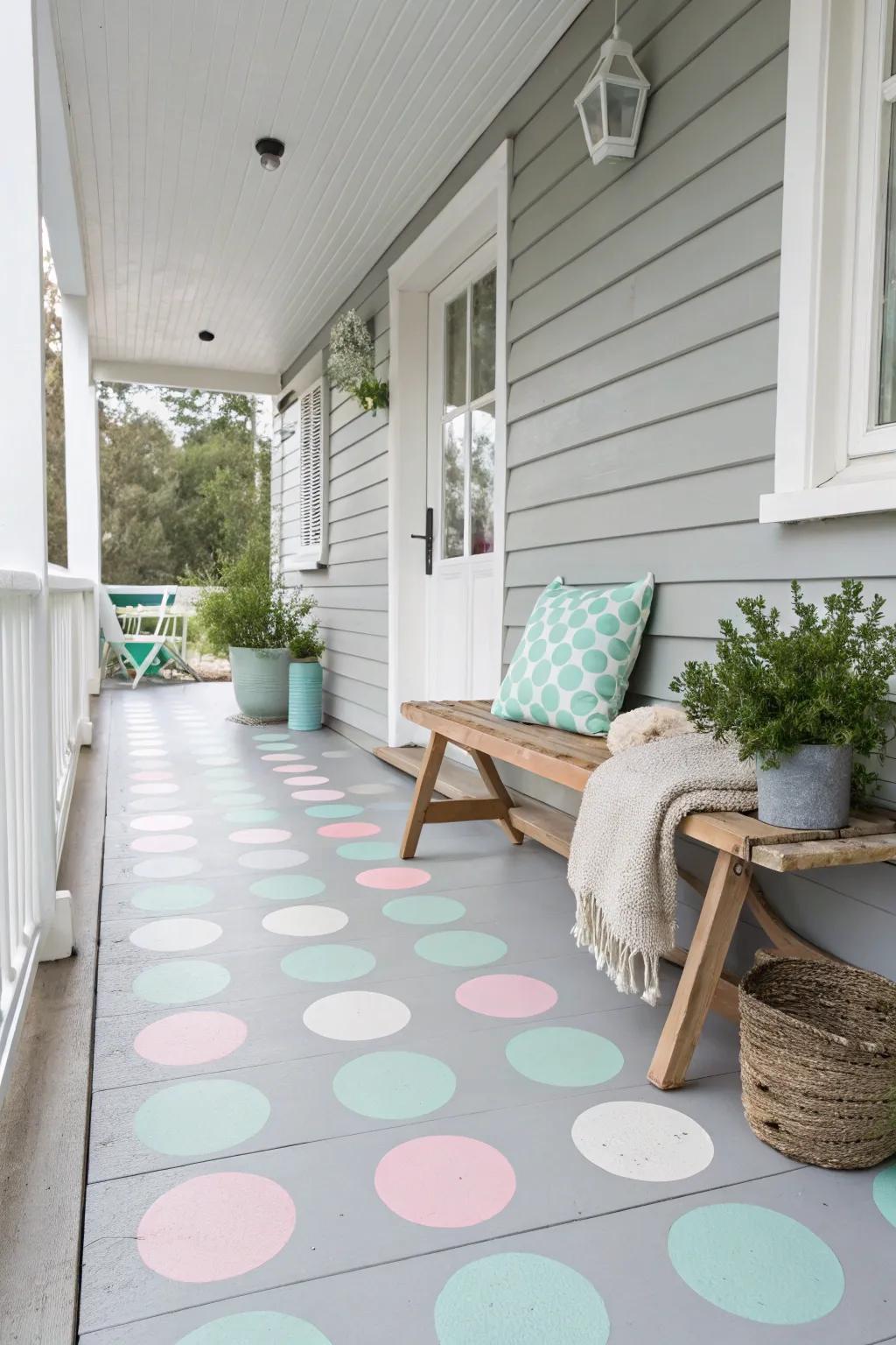 Whimsical elegance meets minimalist charm with playful pastel polka dots on a serene Scandinavian porch.