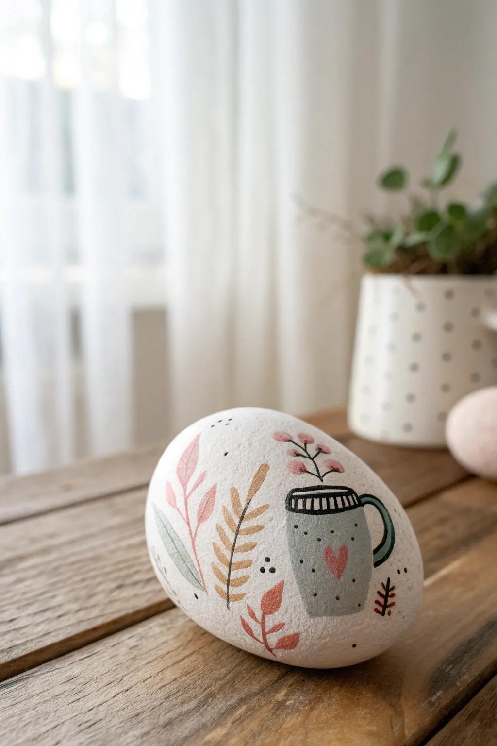 Crafted with love: A charming coffee mug rock for your favorite teacher, blending Scandinavian simplicity with a boho touch.