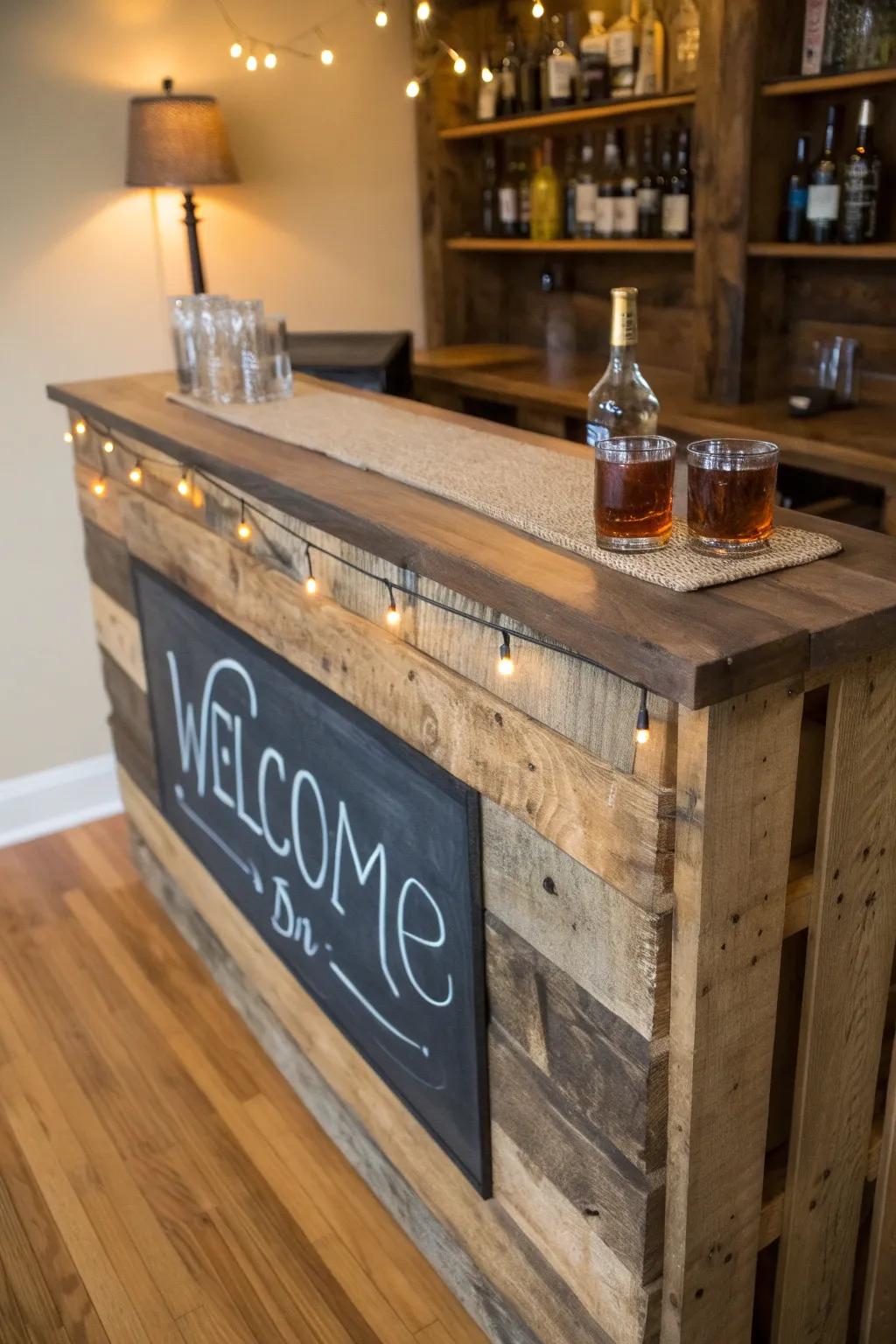 Craft your own party vibe with this rustic DIY pallet bar, perfect for showcasing your drink menu in style.